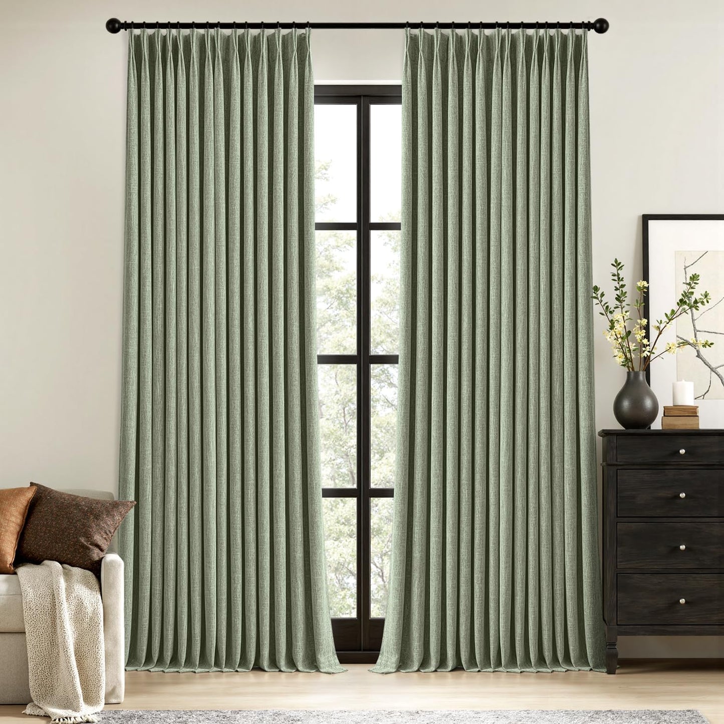 MIULEE Natural Pinch Pleated 100% Blackout Linen Curtains for Bedroom, Room Darkening Light Blocking Window Curtains 84 inches Long for Living Room, Black Out Pleat Drapes with Pin Hooks, 2 Panels