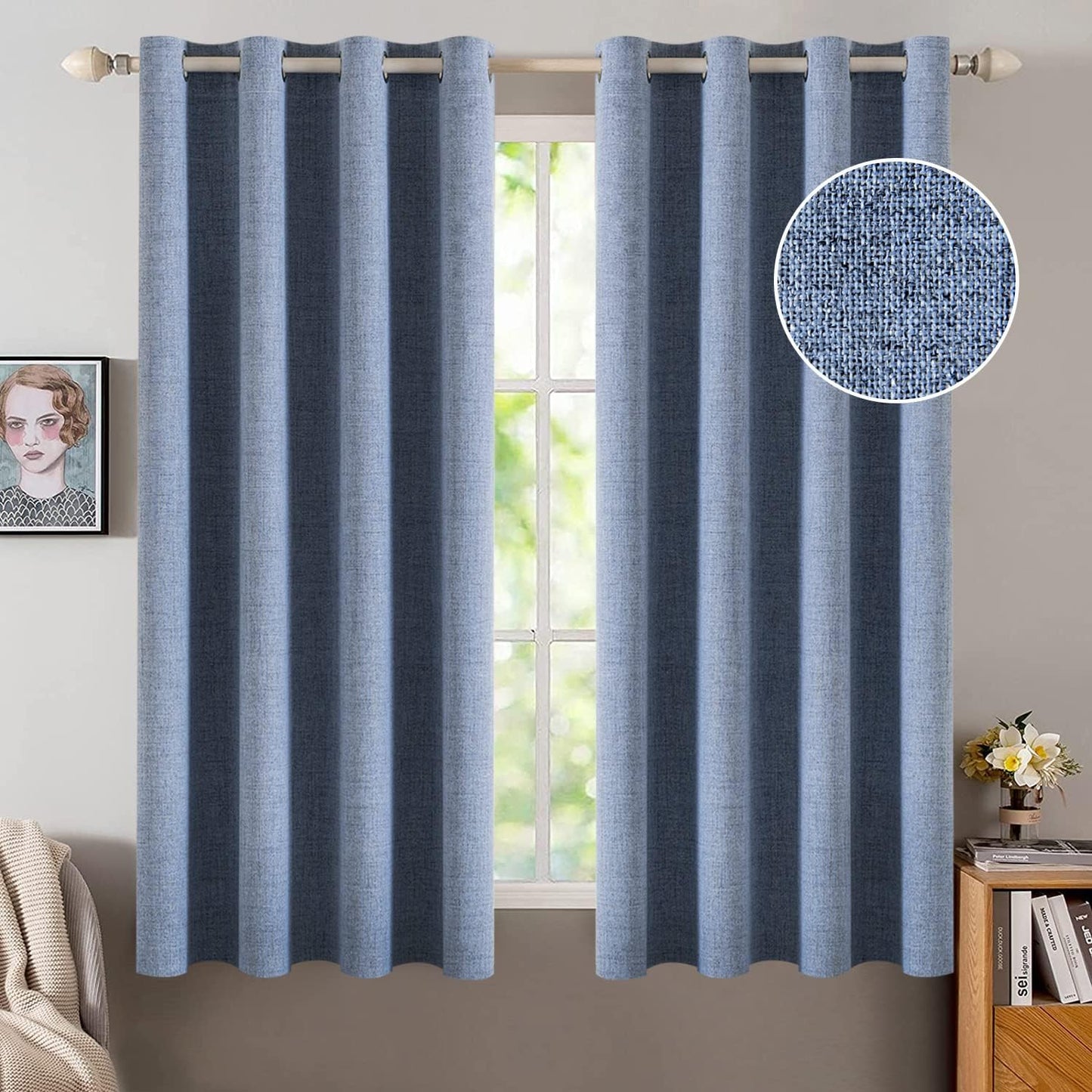 MIULEE 100% Blackout Linen Textured Curtains for Bedroom Solid Thermal Insulated Natural Beige Grommet Room Darkening Curtains & Drapes Luxury Decor for Living Room Nursery 62 x 96 Inch (2 Panels)