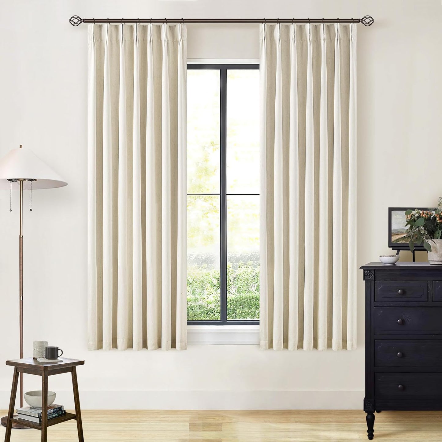 102 Inches Long Pinch Pleated Linen Blackout Curtains for Bedroom Back Tab Track Memory Trained Shape Farmhouse Light Blocking Curtains 102 Inch Length for Living Dining Room Darkening Drapes Cream