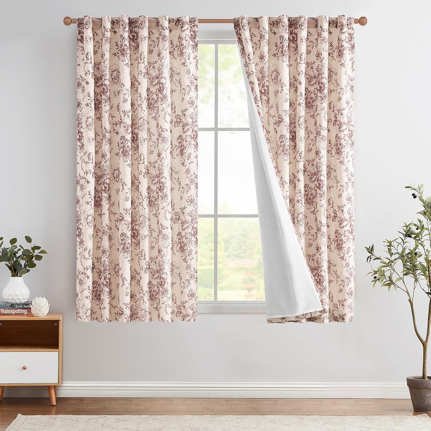jinchan Blackout Linen Blend Curtain Floral Blackout Curtains for Living Room 84 Inch Length Black Printed with Lined Blackout Curtain for Bedroom Farmhouse Curtains Set 2 Panels