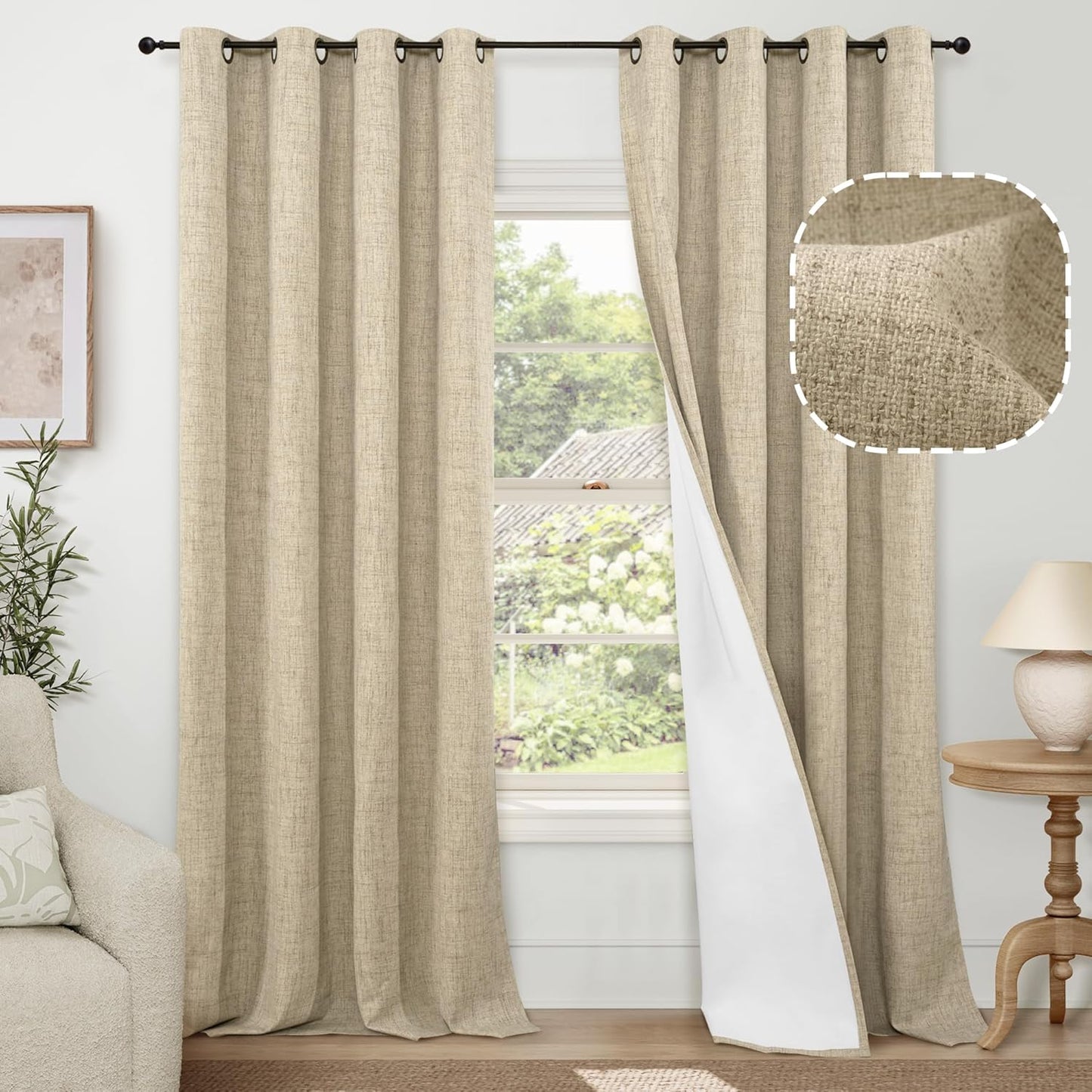60 Inch Wide Linen Blackout Curtains for Living Room/Bedroom 84 Inch Length 2 Panels, Total Black Out Thermal Insulated Soundproof Grommet Boho Window Drapes White Liner for Modern Farmhouse, Natural