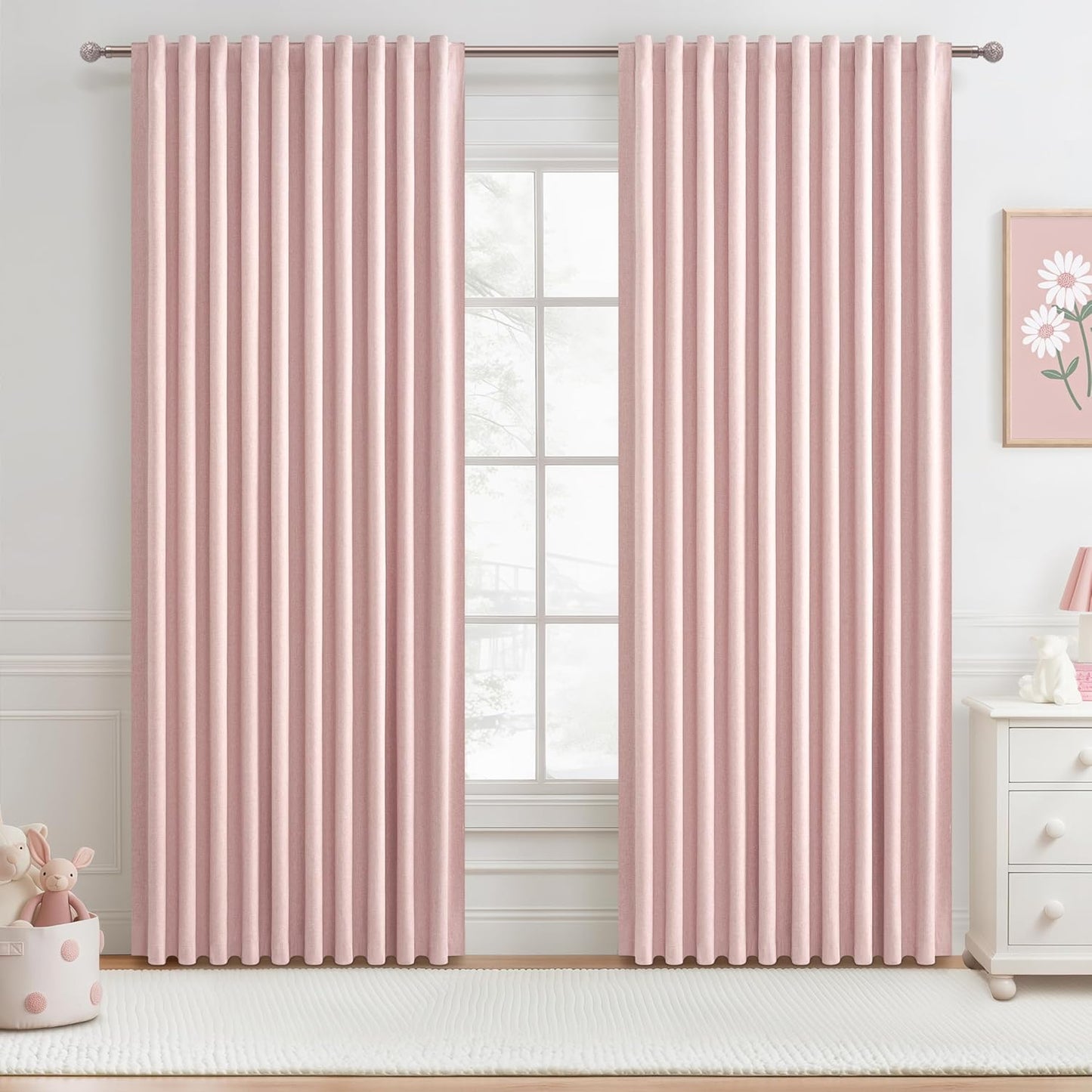 Natural Linen Blackout 92 Inch Bedroom Curtains 2 Panel Sets, Rustic Boho Cream Pleated Ceiling Track Curtain for Dining Room Heat Blocking Privacy Heavy Drape 92 Inches Long Oatmeal Back Tab