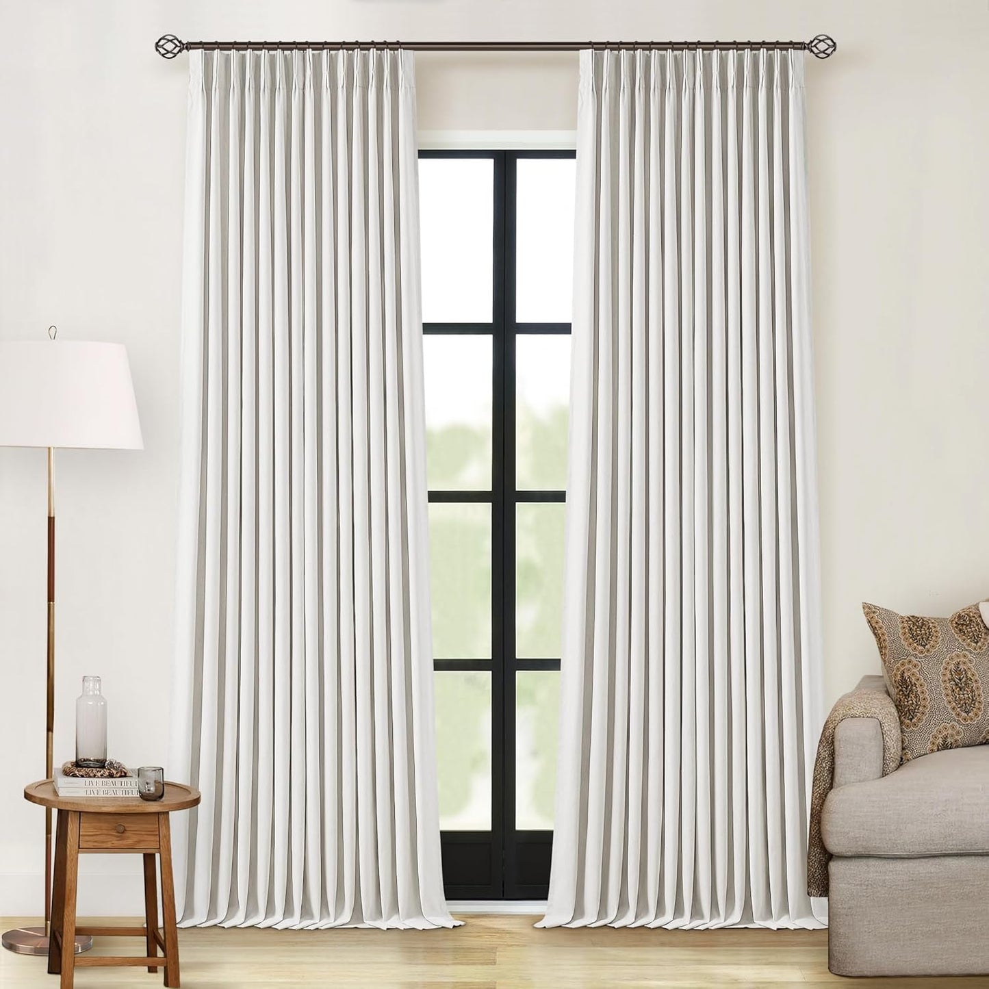102 Inches Long Pinch Pleated Linen Blackout Curtains for Bedroom Back Tab Track Memory Trained Shape Farmhouse Light Blocking Curtains 102 Inch Length for Living Dining Room Darkening Drapes Cream