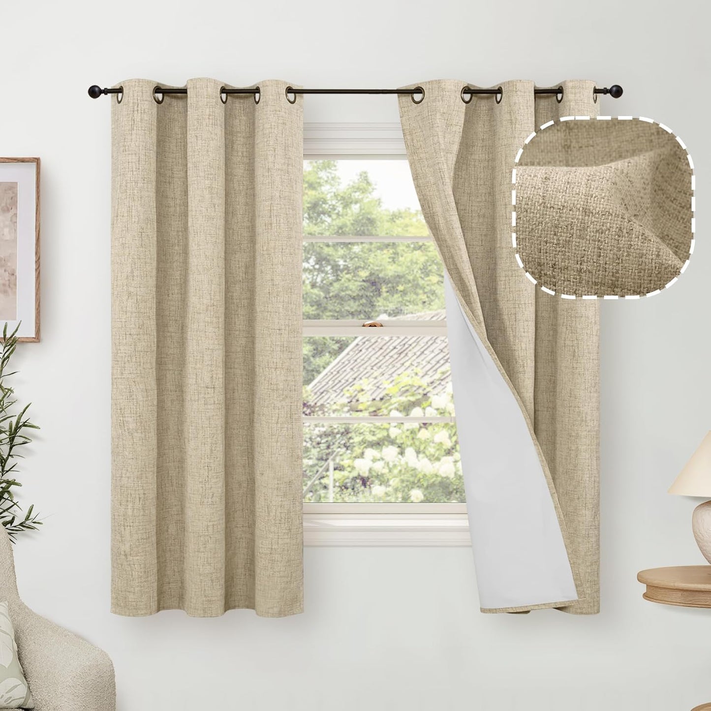 60 Inch Wide Linen Blackout Curtains for Living Room/Bedroom 84 Inch Length 2 Panels, Total Black Out Thermal Insulated Soundproof Grommet Boho Window Drapes White Liner for Modern Farmhouse, Natural