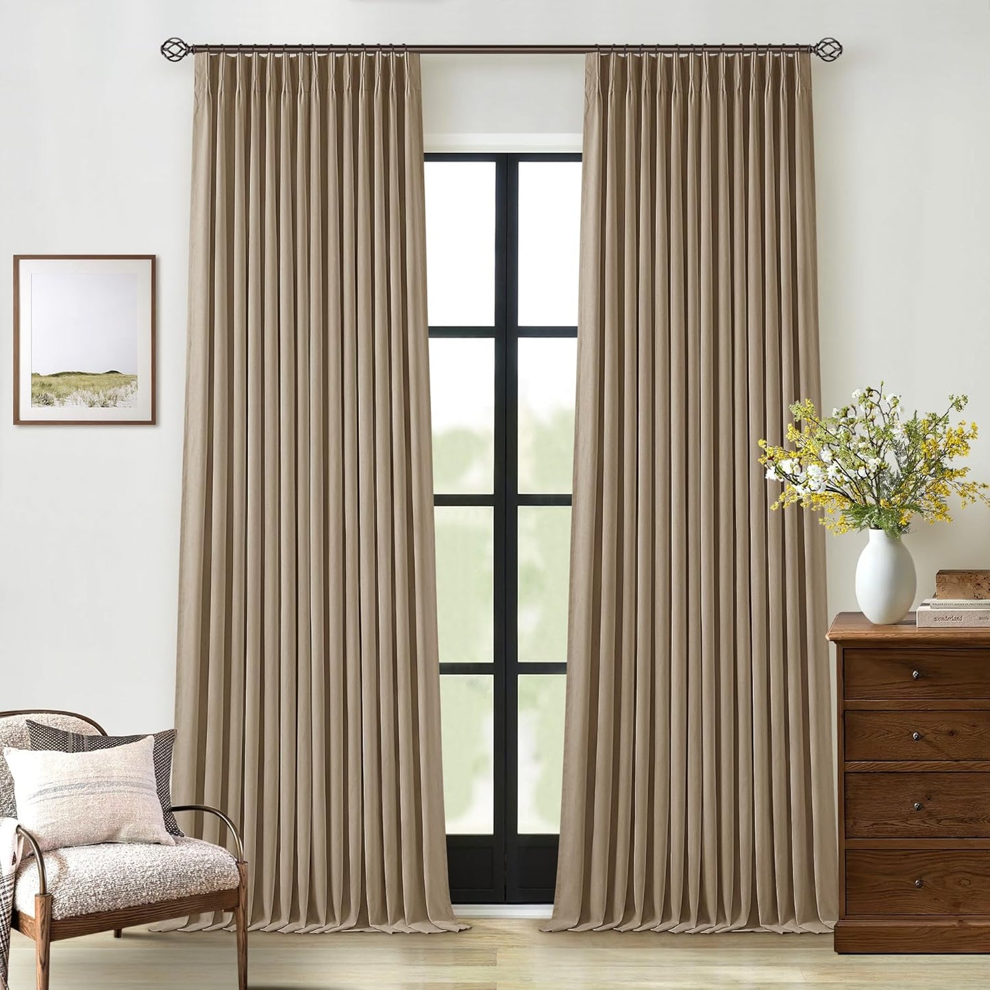 102 Inches Long Pinch Pleated Linen Blackout Curtains for Bedroom Back Tab Track Memory Trained Shape Farmhouse Light Blocking Curtains 102 Inch Length for Living Dining Room Darkening Drapes Cream