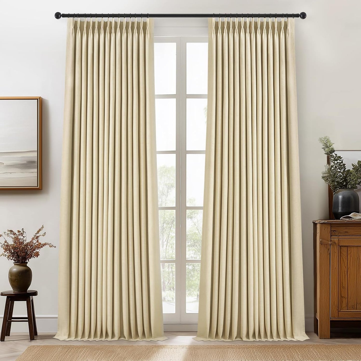 96 Inch Long Pinch Pleated Dark Linen Color Curtains,100% Blackout Thermal Insulated Natural Pinch Pleat Rustic Country Style Drapes with Hooks Rings 2 Panel Sets,Taupe Tan 8FT Window Curtain