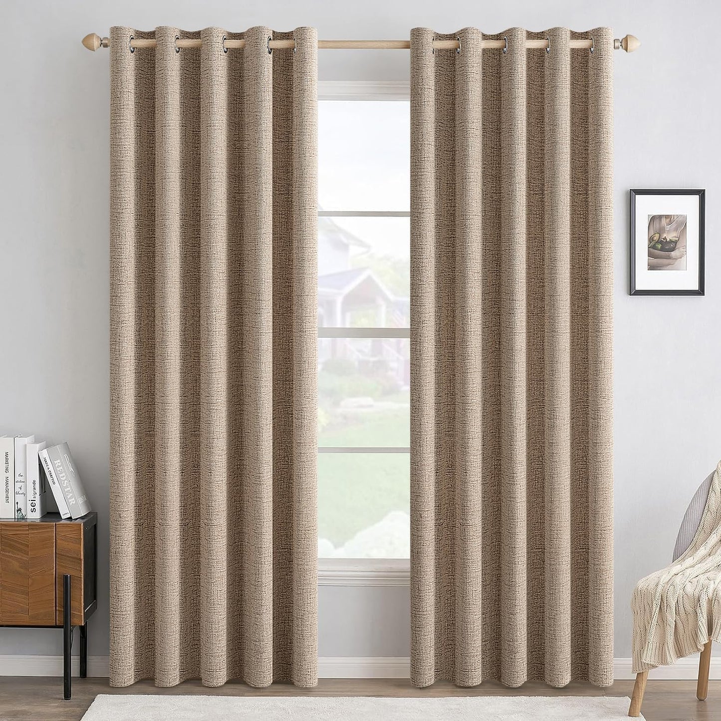 MIULEE 100% Blackout Linen Textured Curtains for Bedroom Solid Thermal Insulated Natural Beige Grommet Room Darkening Curtains & Drapes Luxury Decor for Living Room Nursery 62 x 96 Inch (2 Panels)
