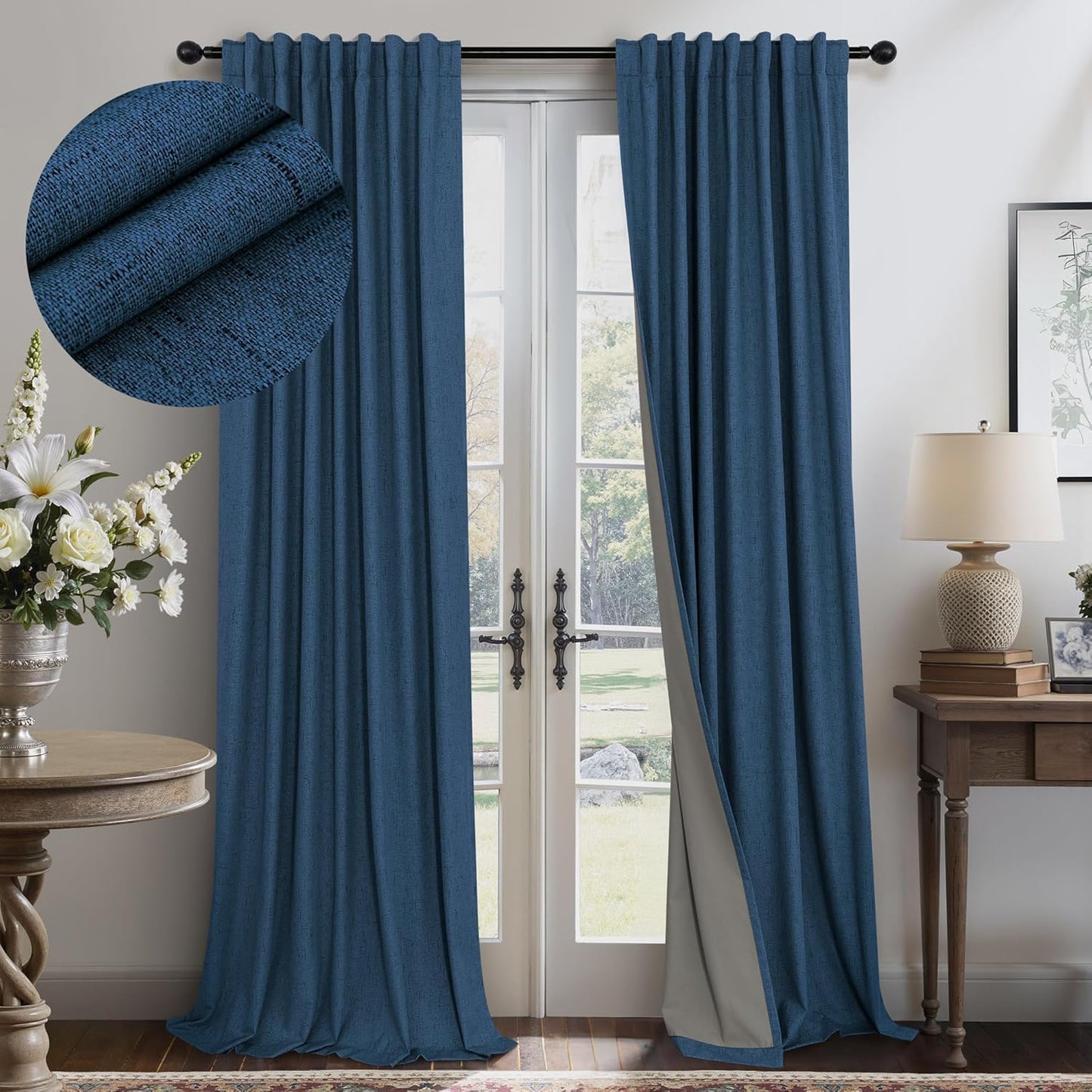 Cream Linen Black Out Curtains 70 Inches Extra Wide for Living Room 2 Panels Back Tab Pocket Pleated Ivory Blackout Bedroom for 72 Inches Window Curtain 84 Inch Long Thermal Room Darkening Heavy Drape