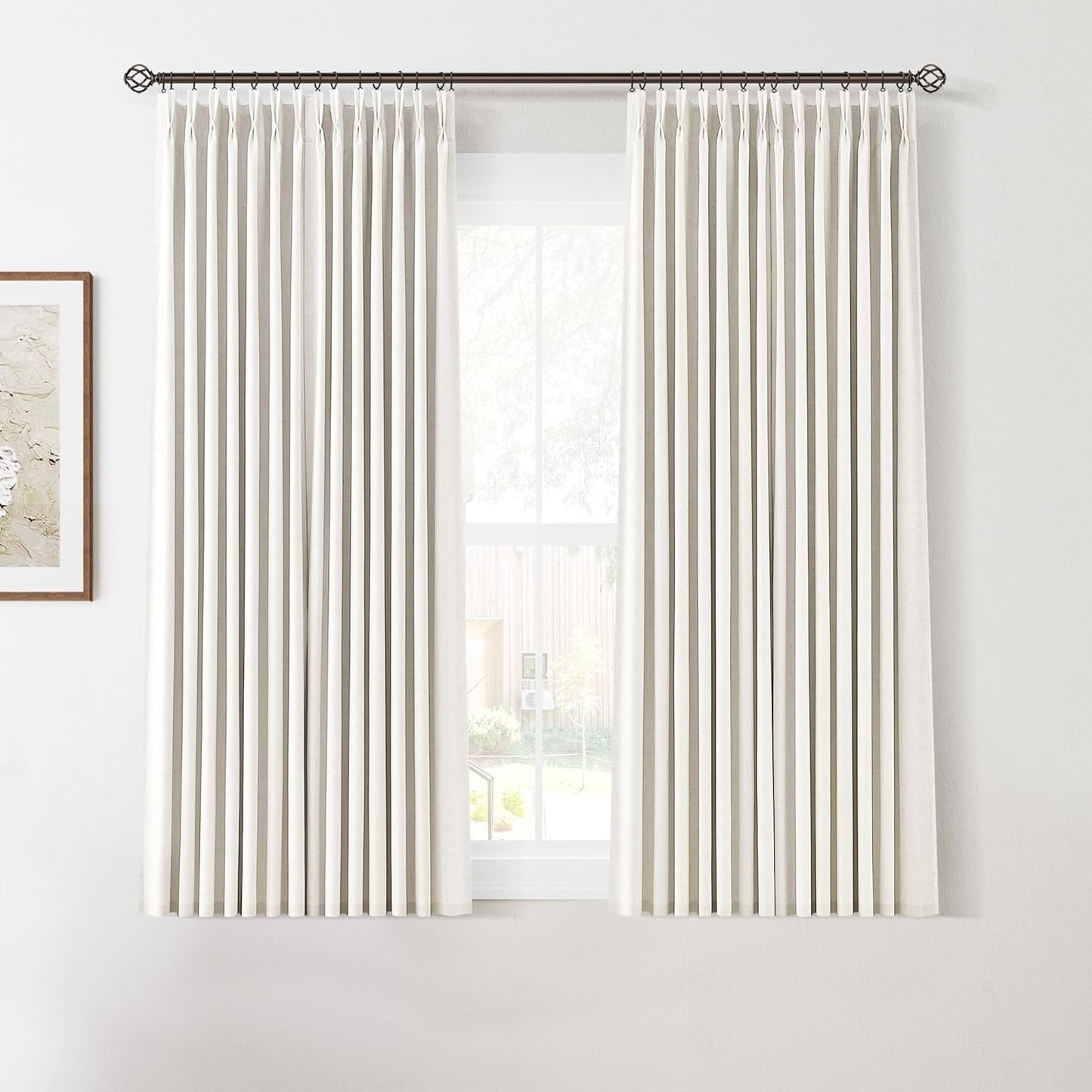 100% Blackout Pinch Pleated Curtains Linen 90 Inches Long for Bedroom 2 Panels Set Full Black Out Thermal Insulated Curtain Natural Boho Farmhouse Pinch Pleat Double Layer Room Darkening Drapes Cream