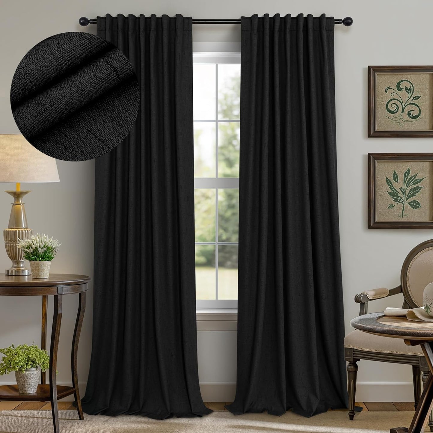 Cream Linen Black Out Curtains 70 Inches Extra Wide for Living Room 2 Panels Back Tab Pocket Pleated Ivory Blackout Bedroom for 72 Inches Window Curtain 84 Inch Long Thermal Room Darkening Heavy Drape