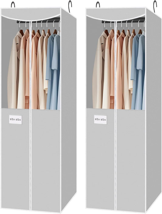 STO STO 2 Pack Garment Bag for Hanging Clothes Closet, Hanging Garment Cover with Built-in Steel Hanging Rod, Hanging Wardrobe Storage Bag for Suit, Dress with Clear Window, Zipper, ID Window, Gray