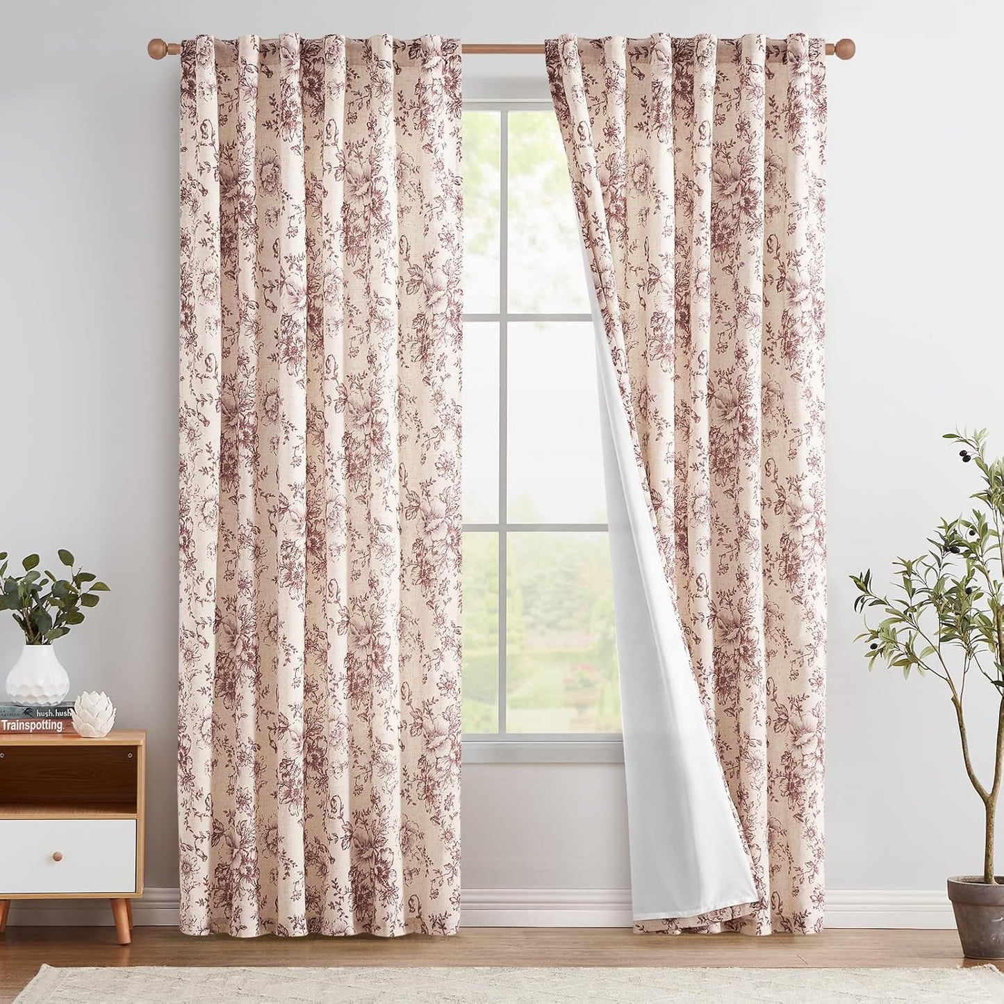 jinchan Blackout Linen Blend Curtain Floral Blackout Curtains for Living Room 84 Inch Length Black Printed with Lined Blackout Curtain for Bedroom Farmhouse Curtains Set 2 Panels