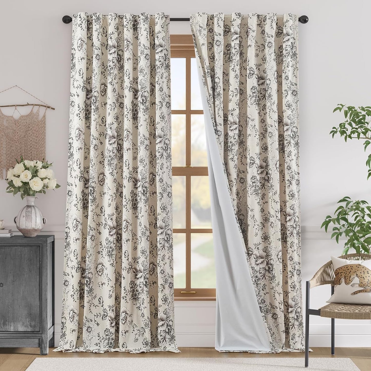 jinchan Blackout Linen Blend Curtain Floral Blackout Curtains for Living Room 84 Inch Length Black Printed with Lined Blackout Curtain for Bedroom Farmhouse Curtains Set 2 Panels