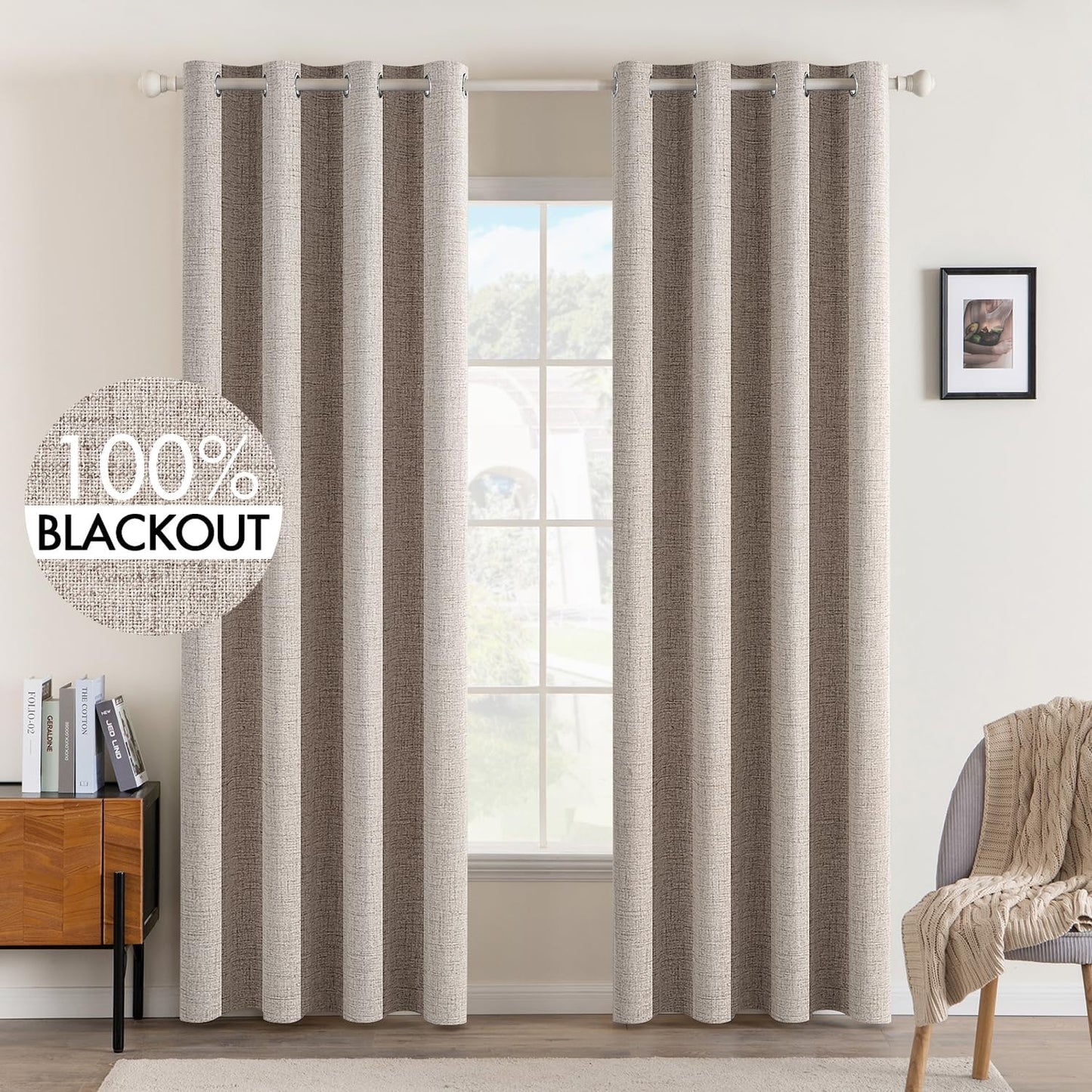 MIULEE 100% Blackout Linen Textured Curtains for Bedroom Solid Thermal Insulated Natural Beige Grommet Room Darkening Curtains & Drapes Luxury Decor for Living Room Nursery 62 x 96 Inch (2 Panels)
