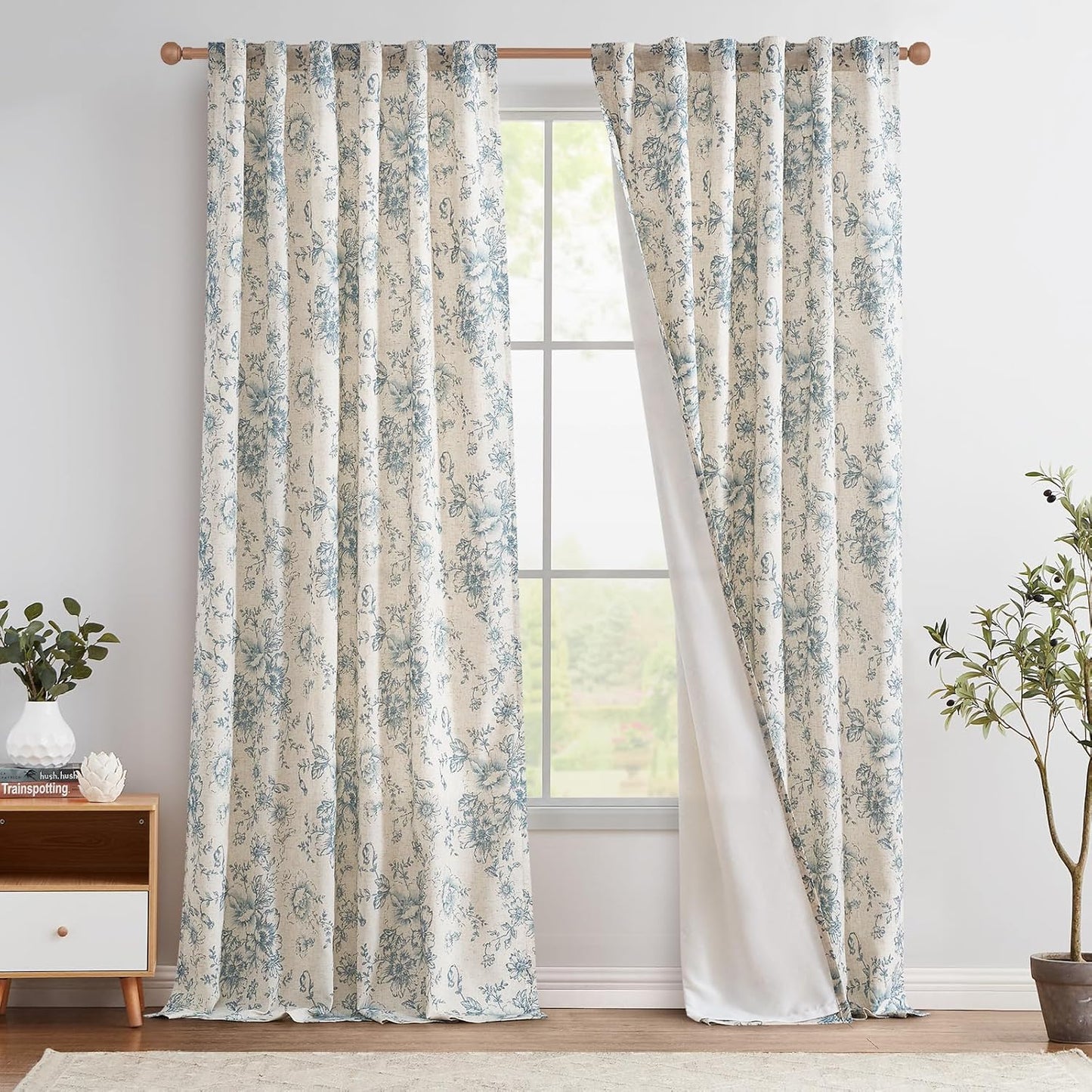 jinchan Blackout Linen Blend Curtain Floral Blackout Curtains for Living Room 84 Inch Length Black Printed with Lined Blackout Curtain for Bedroom Farmhouse Curtains Set 2 Panels