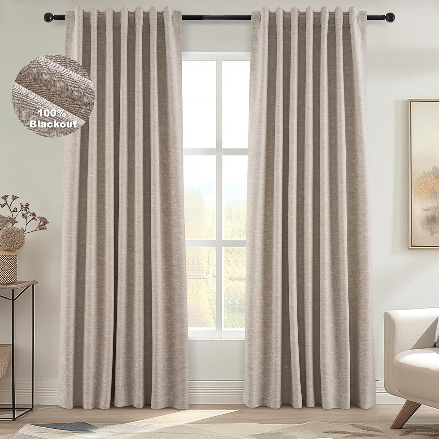Topfinel Linen Blackout Curtains 96 Inch Long, Light Blocking Rustic Neutral Thermal Insulated Brown Natural Linen Cabin Back Tab Viral Drapery Drapes with Hooks Rings 2 Panel Sets, Brown Tan 8 FT
