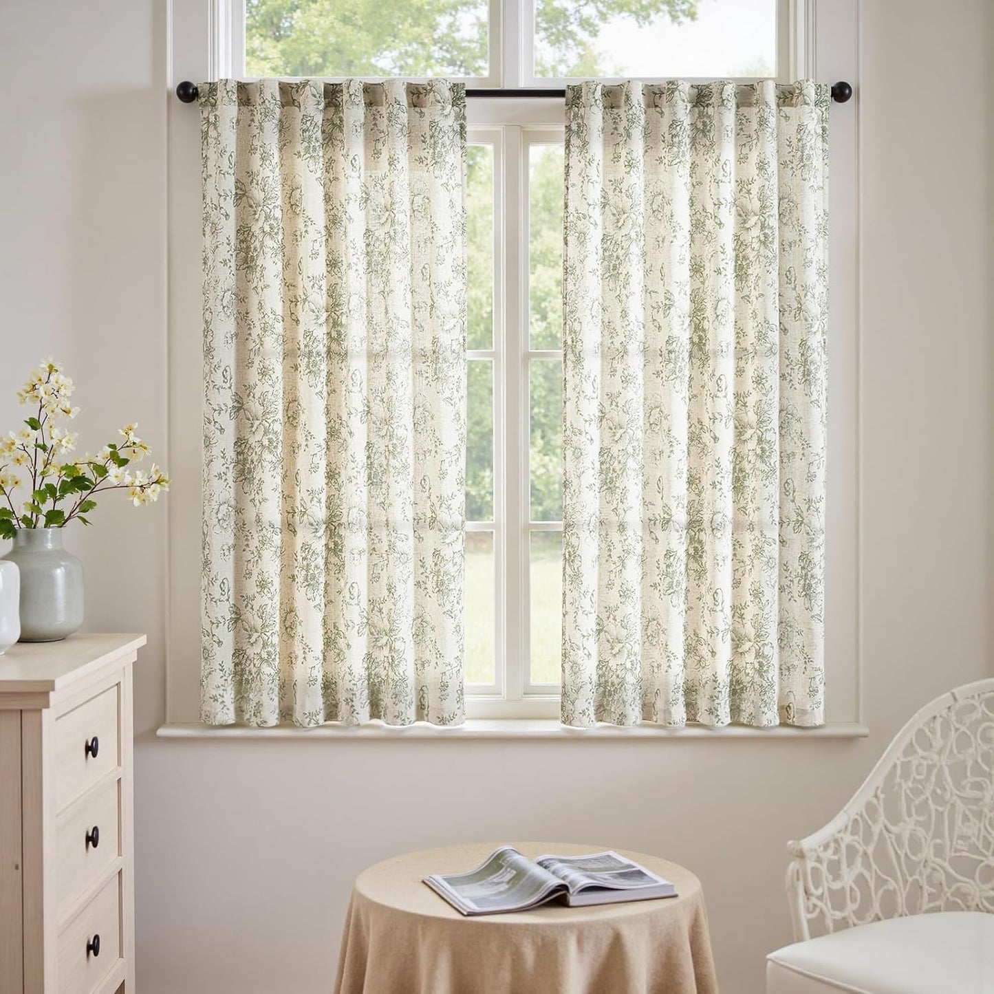 jinchan Blackout Linen Blend Curtain Floral Blackout Curtains for Living Room 84 Inch Length Black Printed with Lined Blackout Curtain for Bedroom Farmhouse Curtains Set 2 Panels