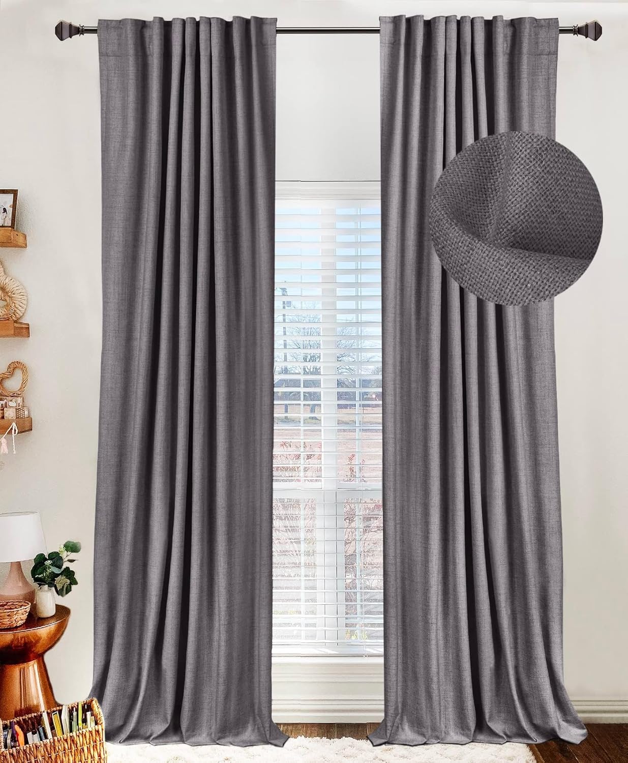 100% Blackout Shield Linen Blackout Curtains for Bedroom 120 Inches Long, Back Tab/Rod Pocket Living Room Drapes, Thermal Insulated Blackout Curtains 2 Panels Set, 50" W x 120" L, Faux Linen