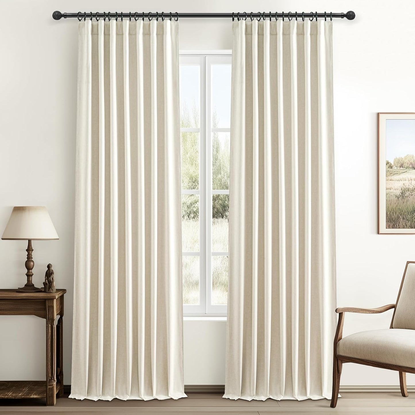 Natural Linen Blackout 92 Inch Bedroom Curtains 2 Panel Sets, Rustic Boho Cream Pleated Ceiling Track Curtain for Dining Room Heat Blocking Privacy Heavy Drape 92 Inches Long Oatmeal Back Tab