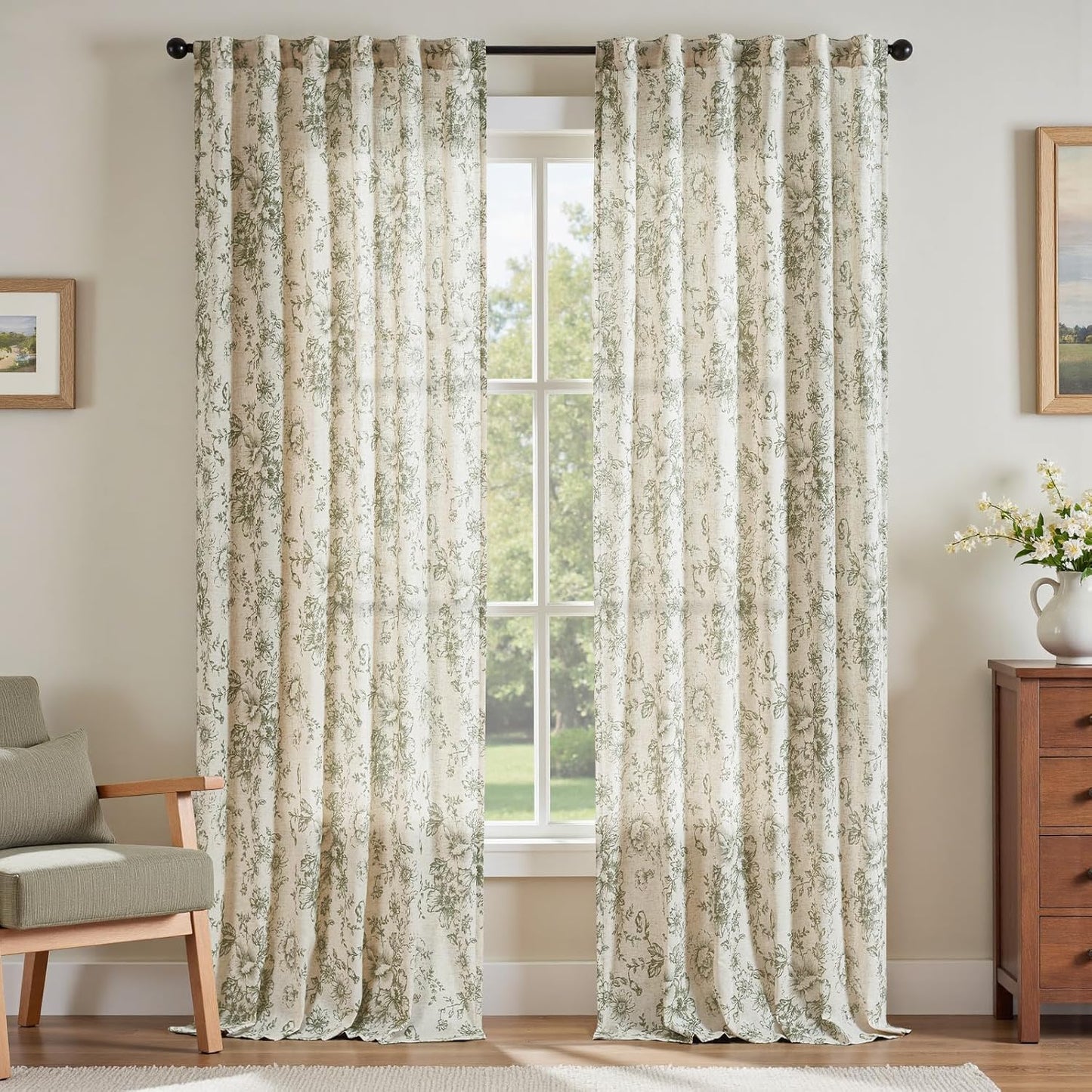 jinchan Blackout Linen Blend Curtain Floral Blackout Curtains for Living Room 84 Inch Length Black Printed with Lined Blackout Curtain for Bedroom Farmhouse Curtains Set 2 Panels