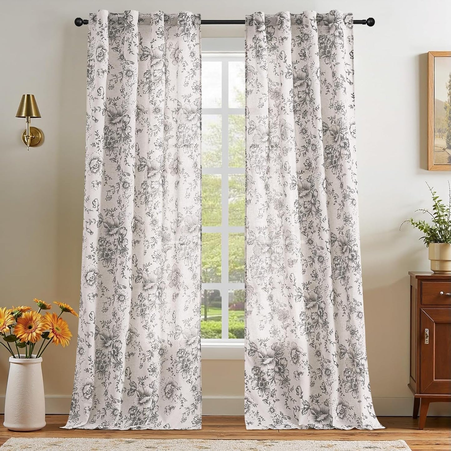 jinchan Blackout Linen Blend Curtain Floral Blackout Curtains for Living Room 84 Inch Length Black Printed with Lined Blackout Curtain for Bedroom Farmhouse Curtains Set 2 Panels