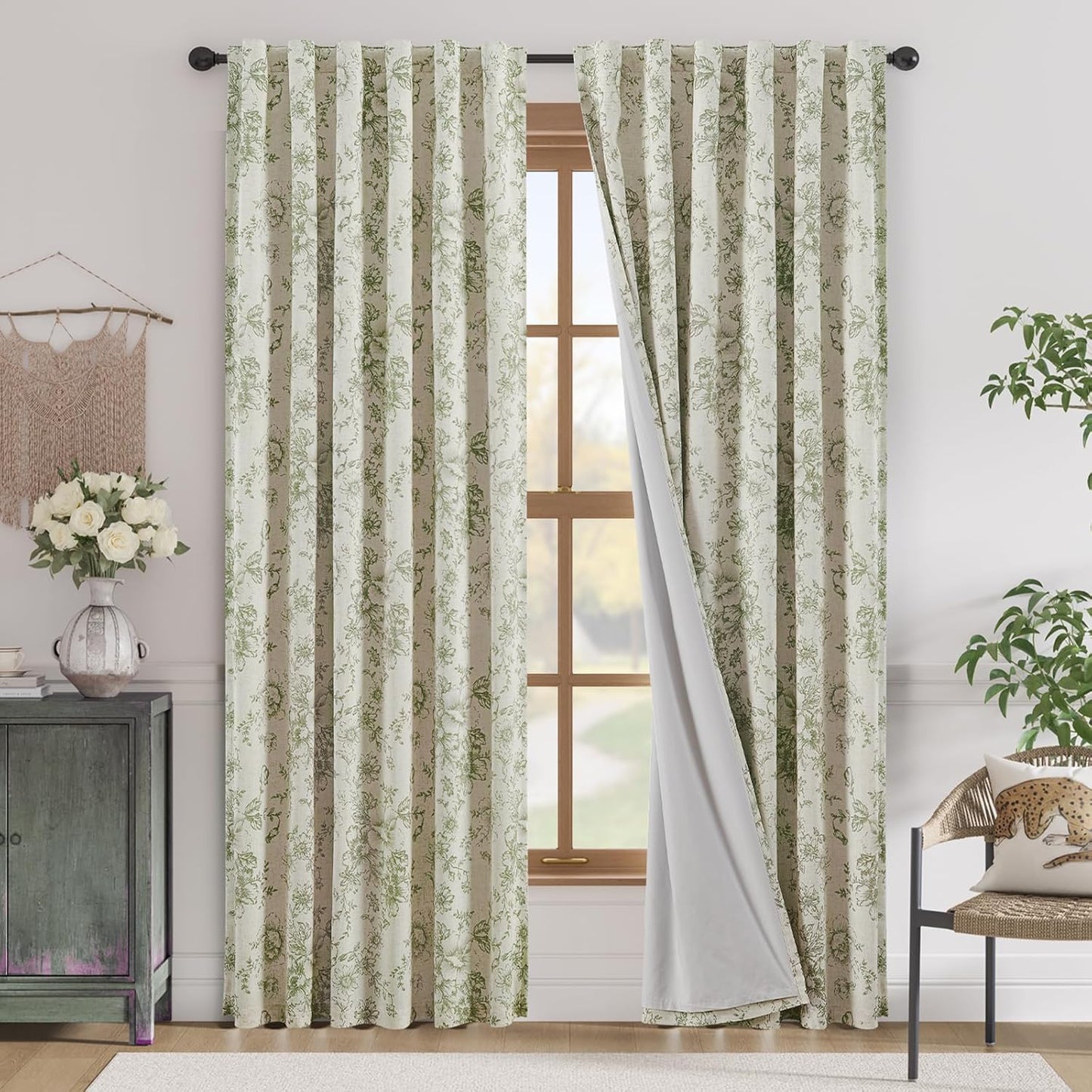 jinchan Blackout Linen Blend Curtain Floral Blackout Curtains for Living Room 84 Inch Length Black Printed with Lined Blackout Curtain for Bedroom Farmhouse Curtains Set 2 Panels