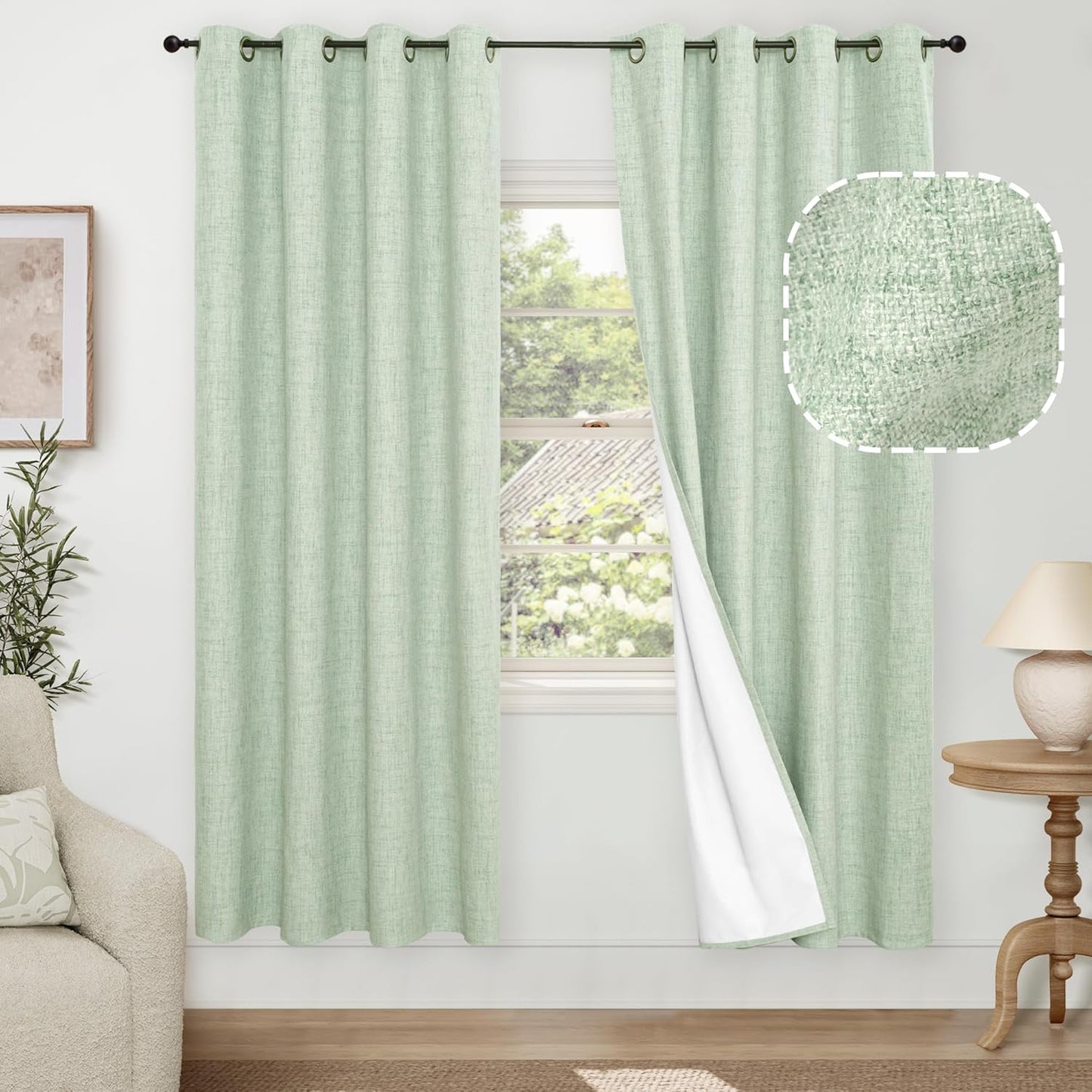 60 Inch Wide Linen Blackout Curtains for Living Room/Bedroom 84 Inch Length 2 Panels, Total Black Out Thermal Insulated Soundproof Grommet Boho Window Drapes White Liner for Modern Farmhouse, Natural