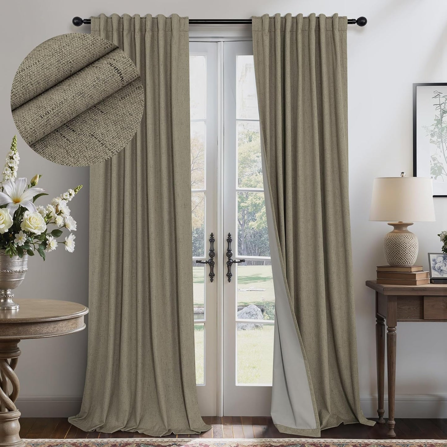 Cream Linen Black Out Curtains 70 Inches Extra Wide for Living Room 2 Panels Back Tab Pocket Pleated Ivory Blackout Bedroom for 72 Inches Window Curtain 84 Inch Long Thermal Room Darkening Heavy Drape