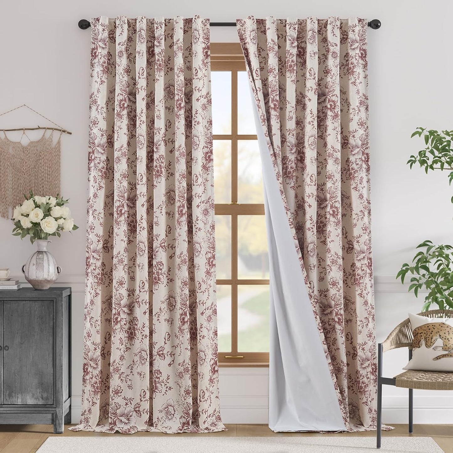 jinchan Blackout Linen Blend Curtain Floral Blackout Curtains for Living Room 84 Inch Length Black Printed with Lined Blackout Curtain for Bedroom Farmhouse Curtains Set 2 Panels