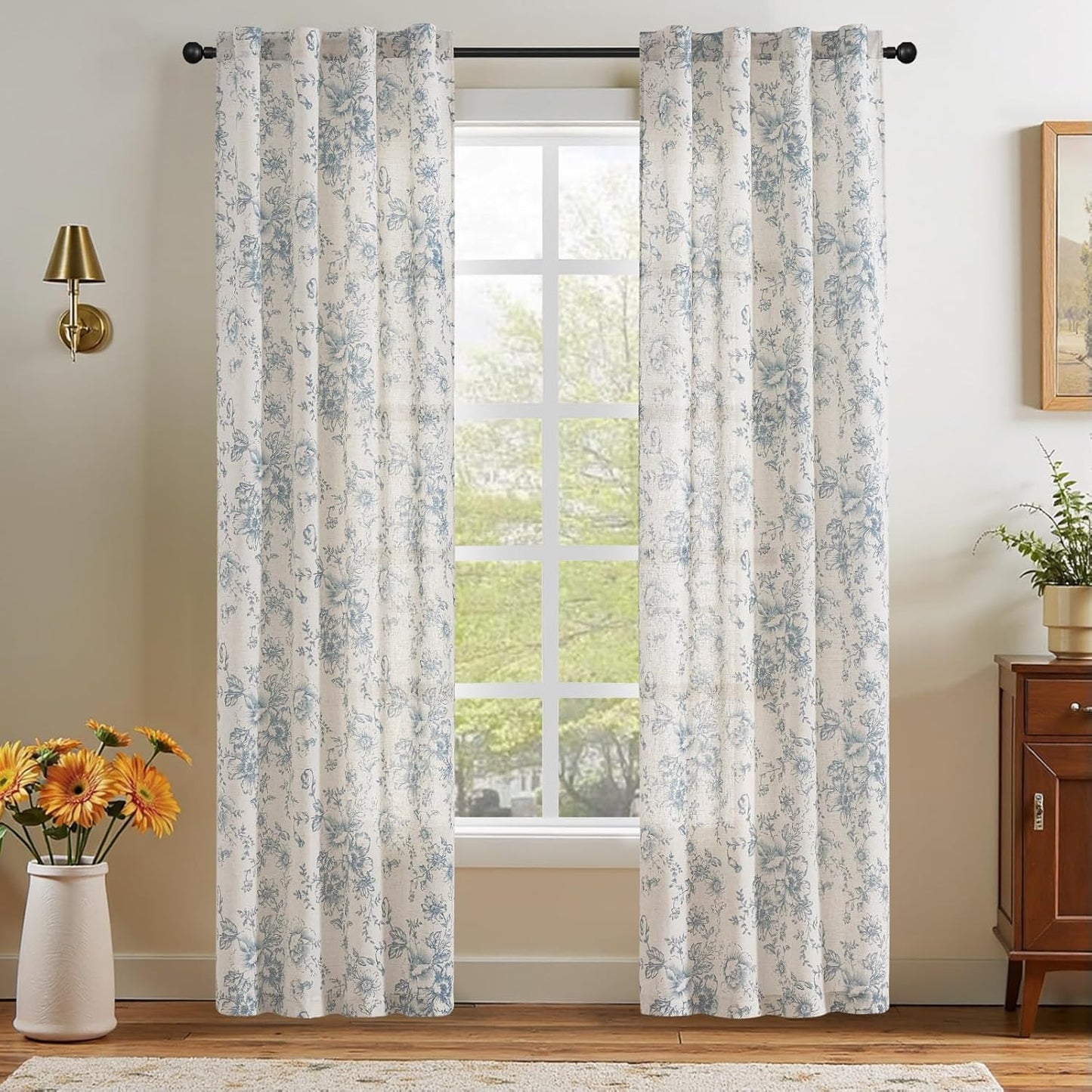 jinchan Blackout Linen Blend Curtain Floral Blackout Curtains for Living Room 84 Inch Length Black Printed with Lined Blackout Curtain for Bedroom Farmhouse Curtains Set 2 Panels