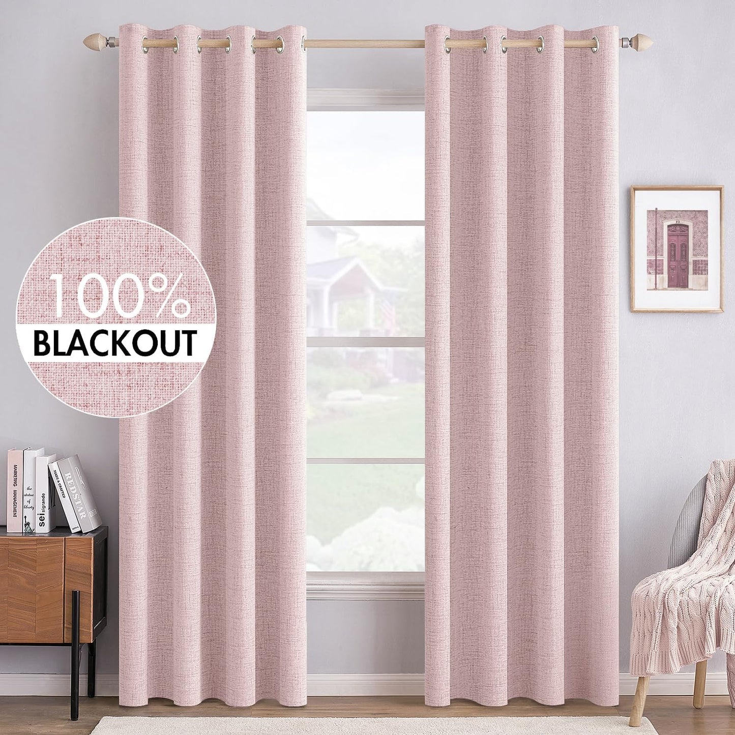 MIULEE 100% Blackout Linen Textured Curtains for Bedroom Solid Thermal Insulated Natural Beige Grommet Room Darkening Curtains & Drapes Luxury Decor for Living Room Nursery 62 x 96 Inch (2 Panels)