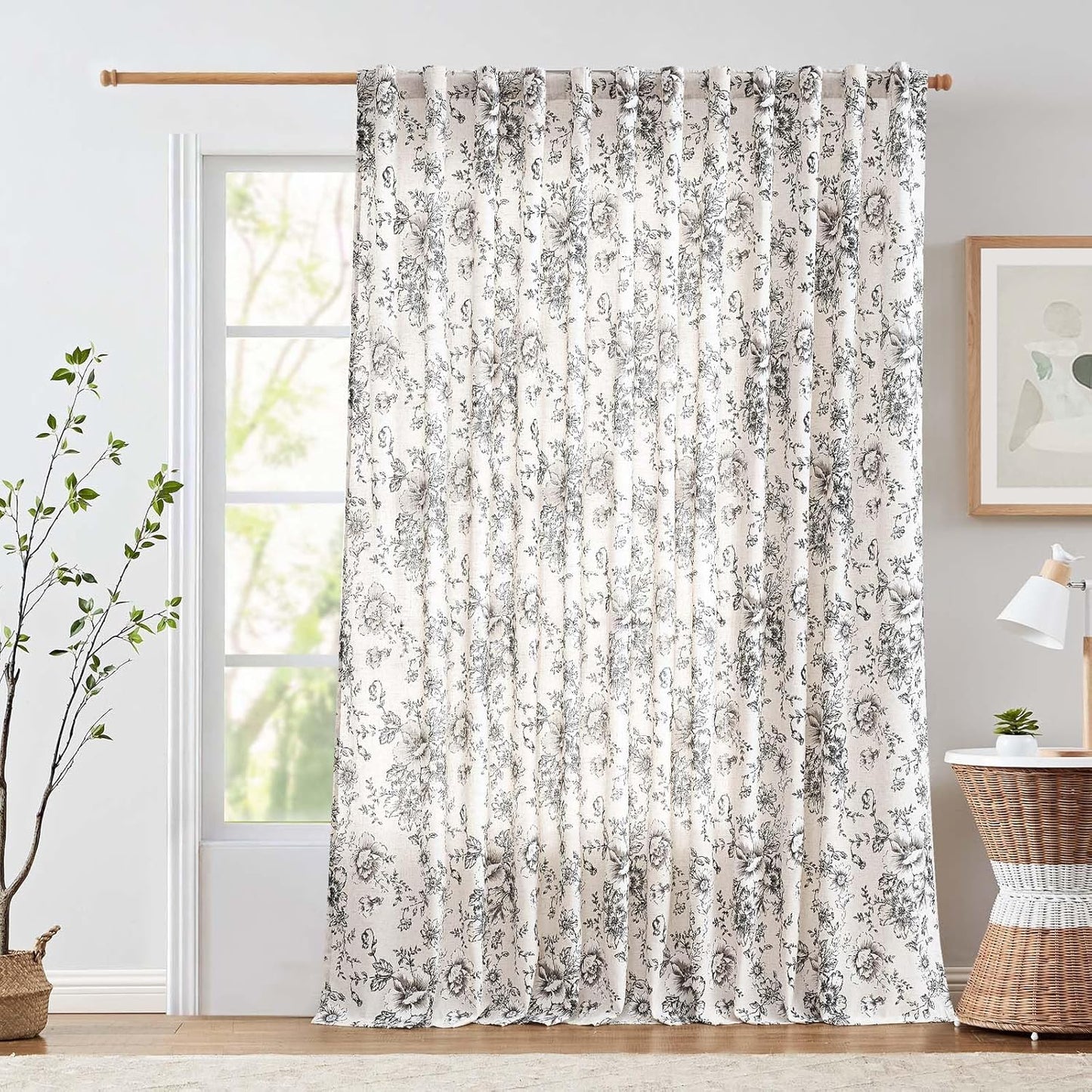 jinchan Blackout Linen Blend Curtain Floral Blackout Curtains for Living Room 84 Inch Length Black Printed with Lined Blackout Curtain for Bedroom Farmhouse Curtains Set 2 Panels
