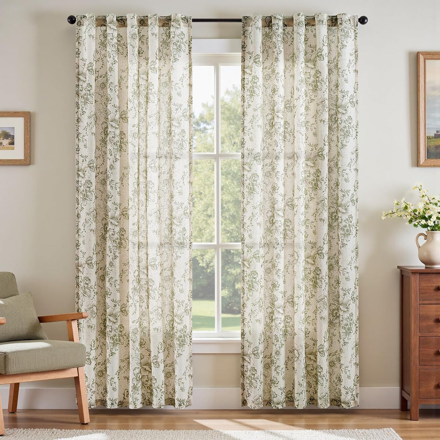 jinchan Blackout Linen Blend Curtain Floral Blackout Curtains for Living Room 84 Inch Length Black Printed with Lined Blackout Curtain for Bedroom Farmhouse Curtains Set 2 Panels