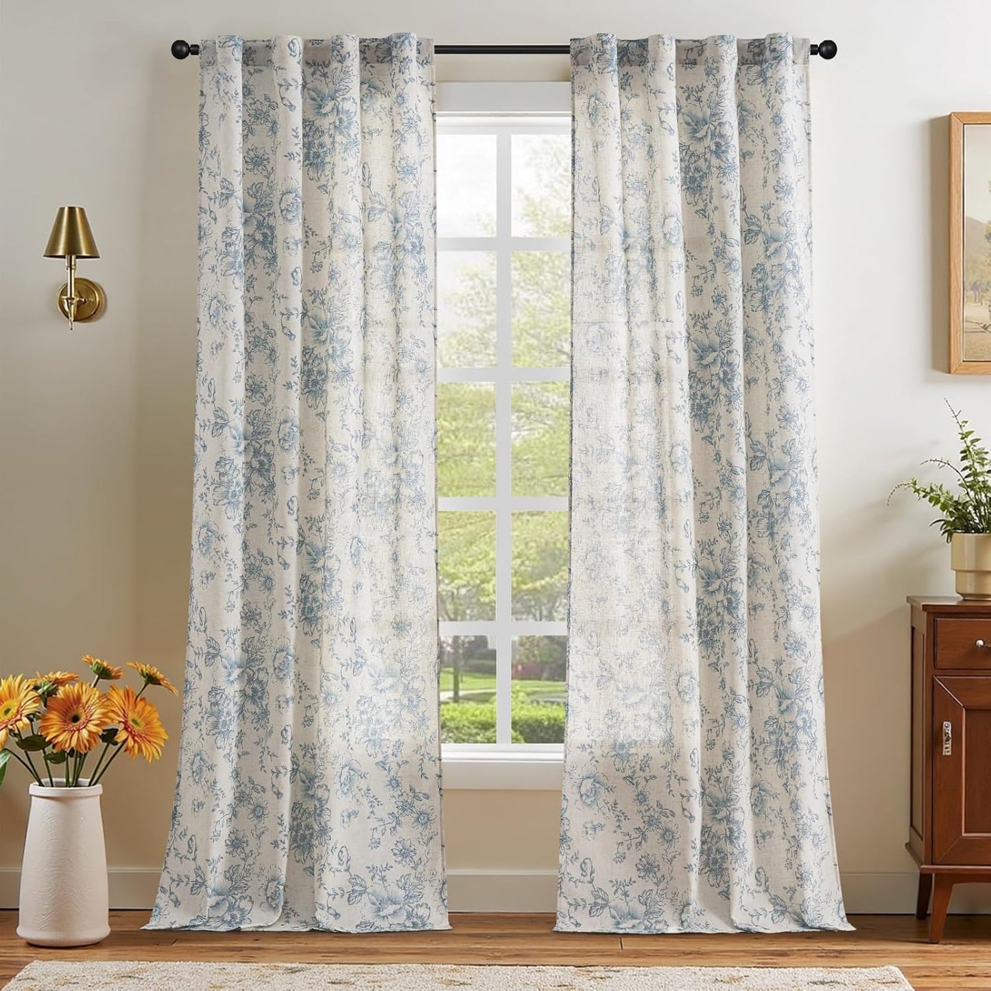 jinchan Blackout Linen Blend Curtain Floral Blackout Curtains for Living Room 84 Inch Length Black Printed with Lined Blackout Curtain for Bedroom Farmhouse Curtains Set 2 Panels