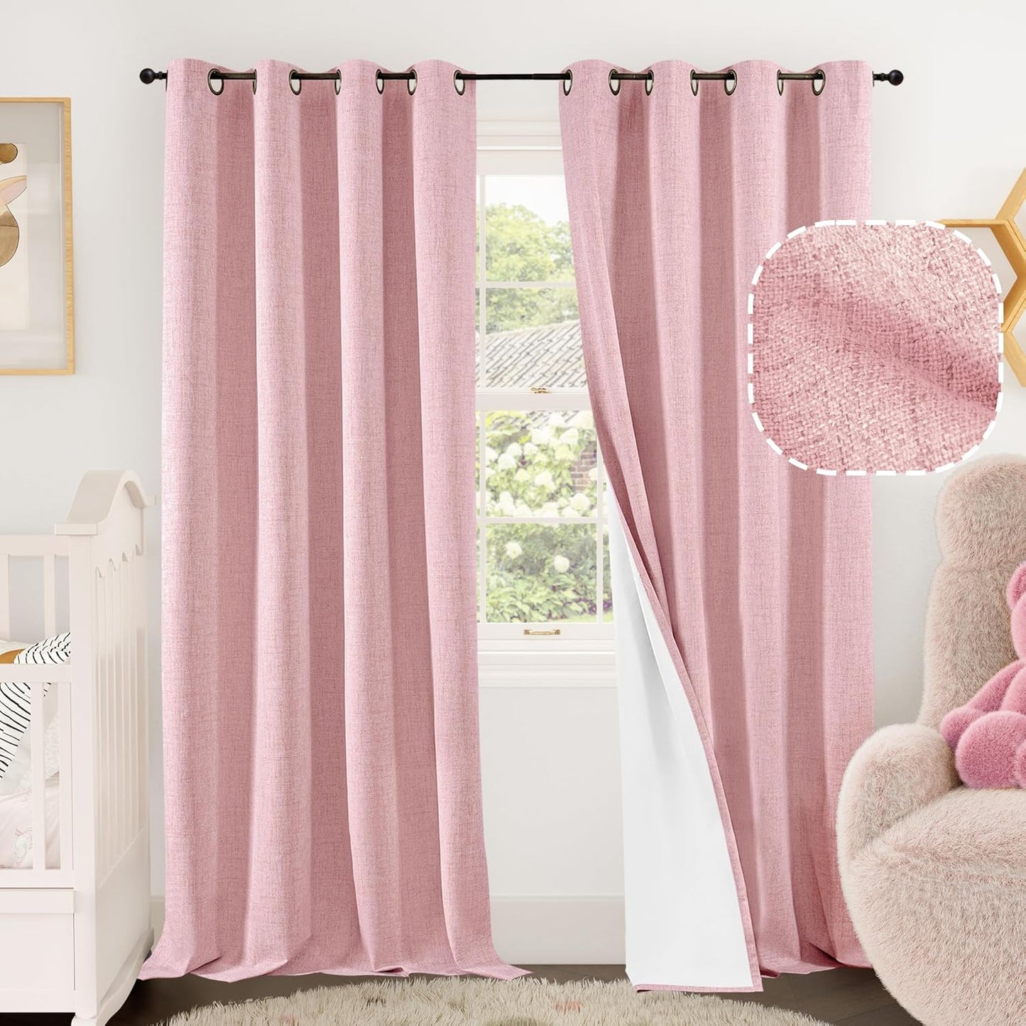 60 Inch Wide Linen Blackout Curtains for Living Room/Bedroom 84 Inch Length 2 Panels, Total Black Out Thermal Insulated Soundproof Grommet Boho Window Drapes White Liner for Modern Farmhouse, Natural