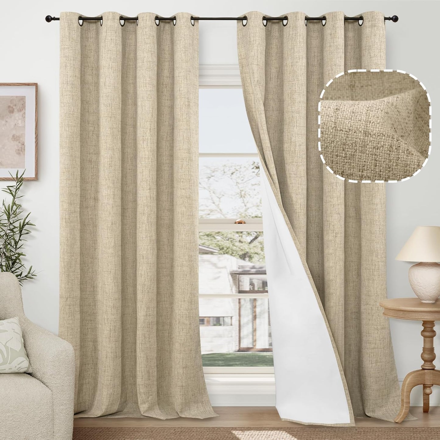 60 Inch Wide Linen Blackout Curtains for Living Room/Bedroom 84 Inch Length 2 Panels, Total Black Out Thermal Insulated Soundproof Grommet Boho Window Drapes White Liner for Modern Farmhouse, Natural