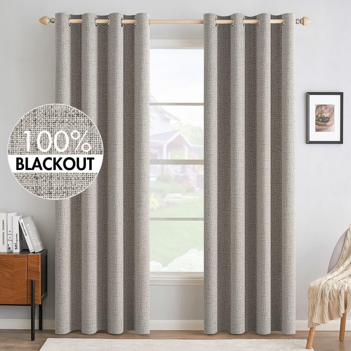 MIULEE 100% Blackout Linen Textured Curtains for Bedroom Solid Thermal Insulated Natural Beige Grommet Room Darkening Curtains & Drapes Luxury Decor for Living Room Nursery 62 x 96 Inch (2 Panels)