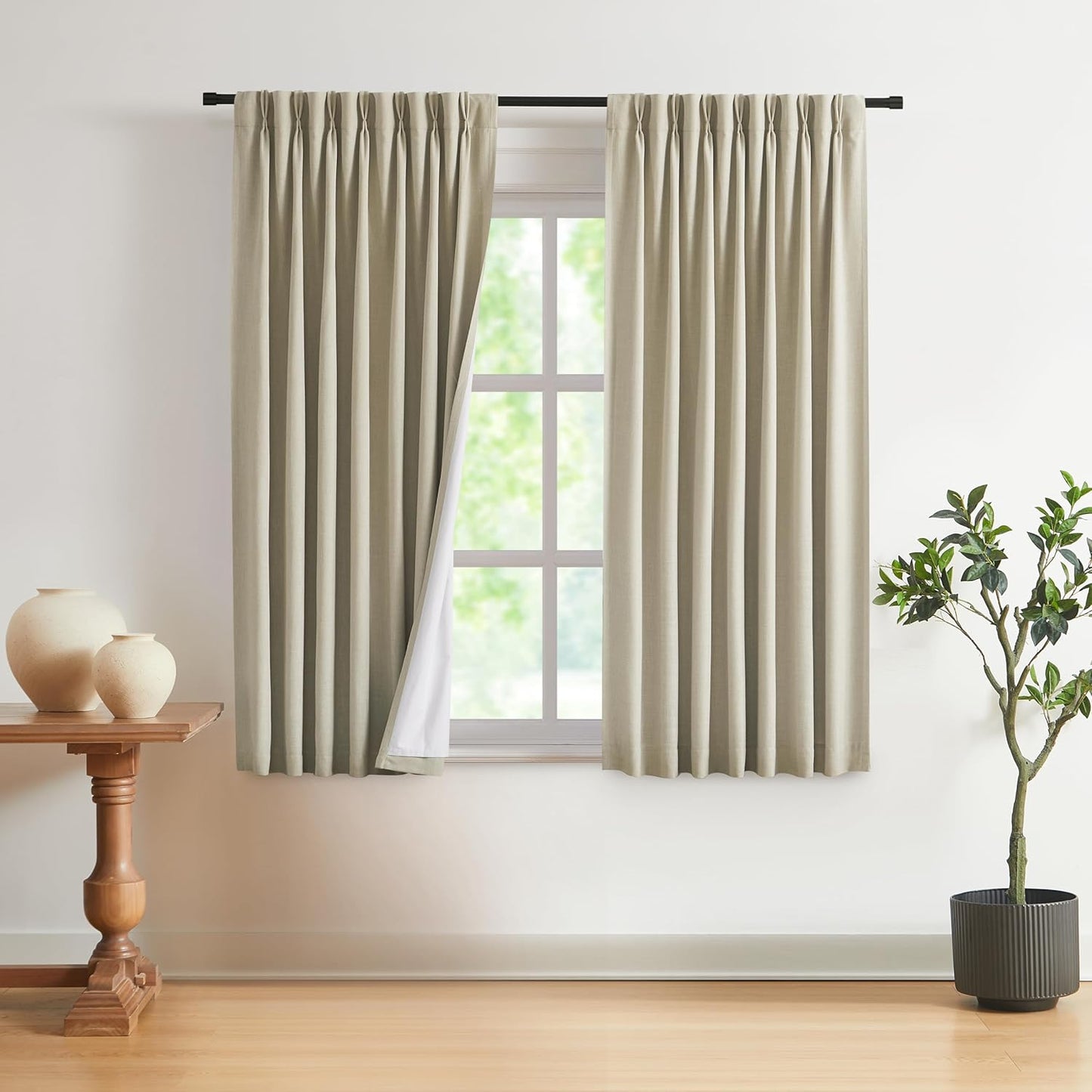 Vision Home Natural Full Blackout Curtains Linen Blended Darkening Window Curtains 84 inch for Living Room Bedroom Thermal Insulated Pinch Pleat Drapes with Hooks 2 Panel 40"Wx84"L
