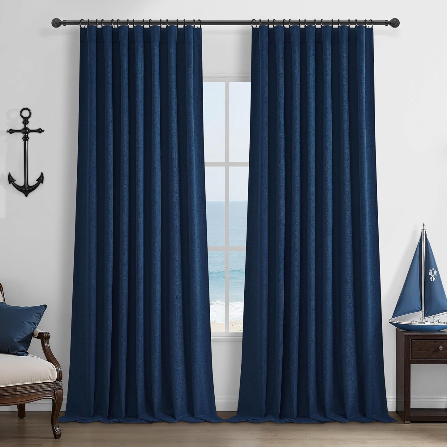 Natural Linen Blackout 92 Inch Bedroom Curtains 2 Panel Sets, Rustic Boho Cream Pleated Ceiling Track Curtain for Dining Room Heat Blocking Privacy Heavy Drape 92 Inches Long Oatmeal Back Tab