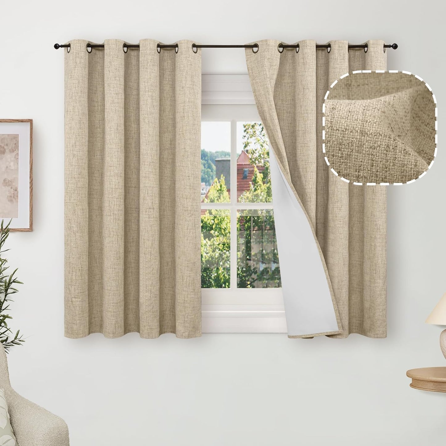 60 Inch Wide Linen Blackout Curtains for Living Room/Bedroom 84 Inch Length 2 Panels, Total Black Out Thermal Insulated Soundproof Grommet Boho Window Drapes White Liner for Modern Farmhouse, Natural