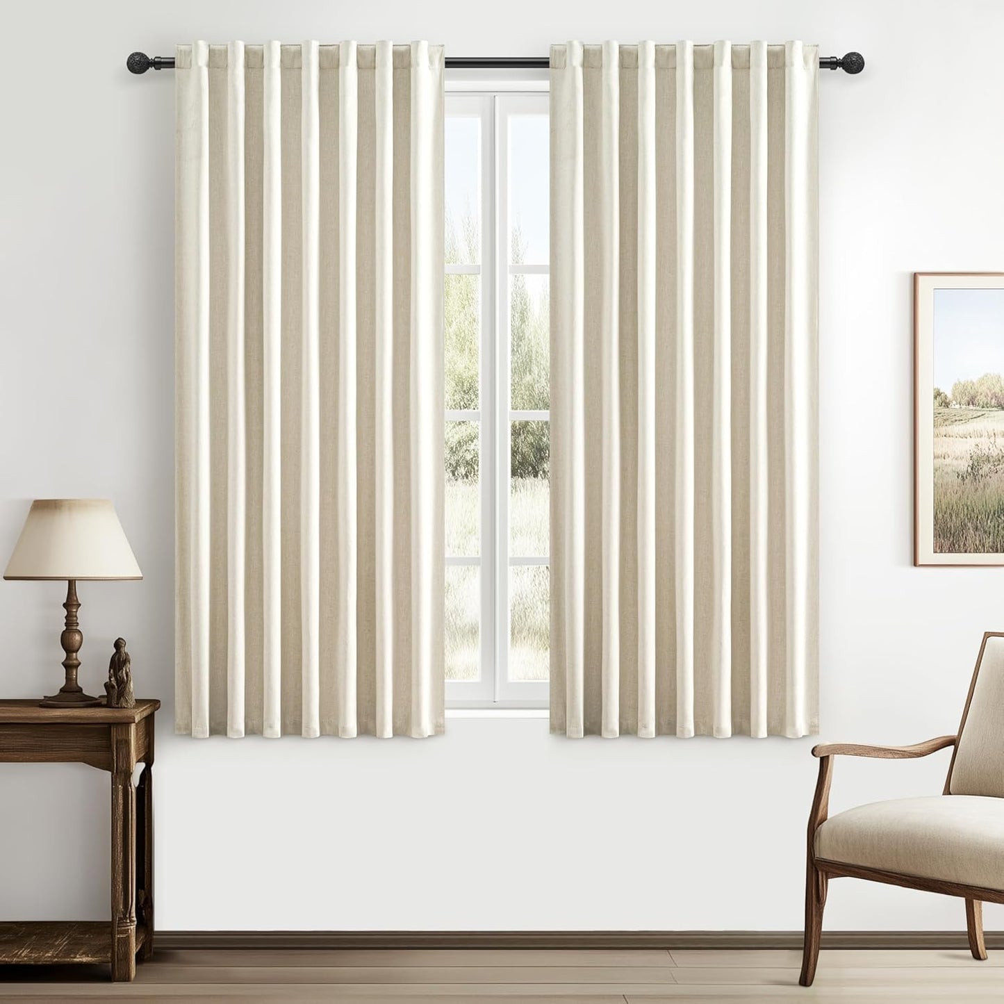 Natural Linen Blackout 92 Inch Bedroom Curtains 2 Panel Sets, Rustic Boho Cream Pleated Ceiling Track Curtain for Dining Room Heat Blocking Privacy Heavy Drape 92 Inches Long Oatmeal Back Tab