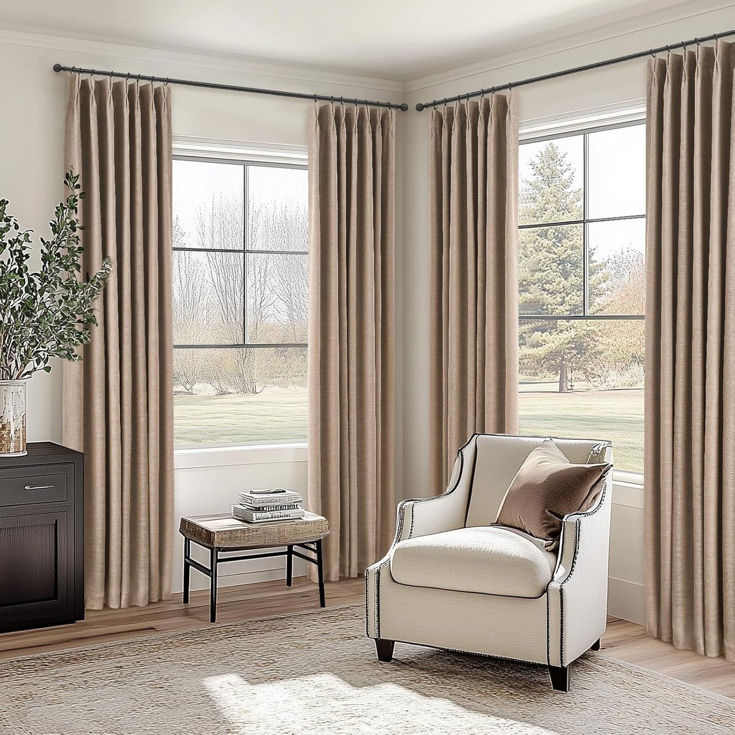 96 Inch Long Pinch Pleated Dark Linen Color Curtains,100% Blackout Thermal Insulated Natural Pinch Pleat Rustic Country Style Drapes with Hooks Rings 2 Panel Sets,Taupe Tan 8FT Window Curtain