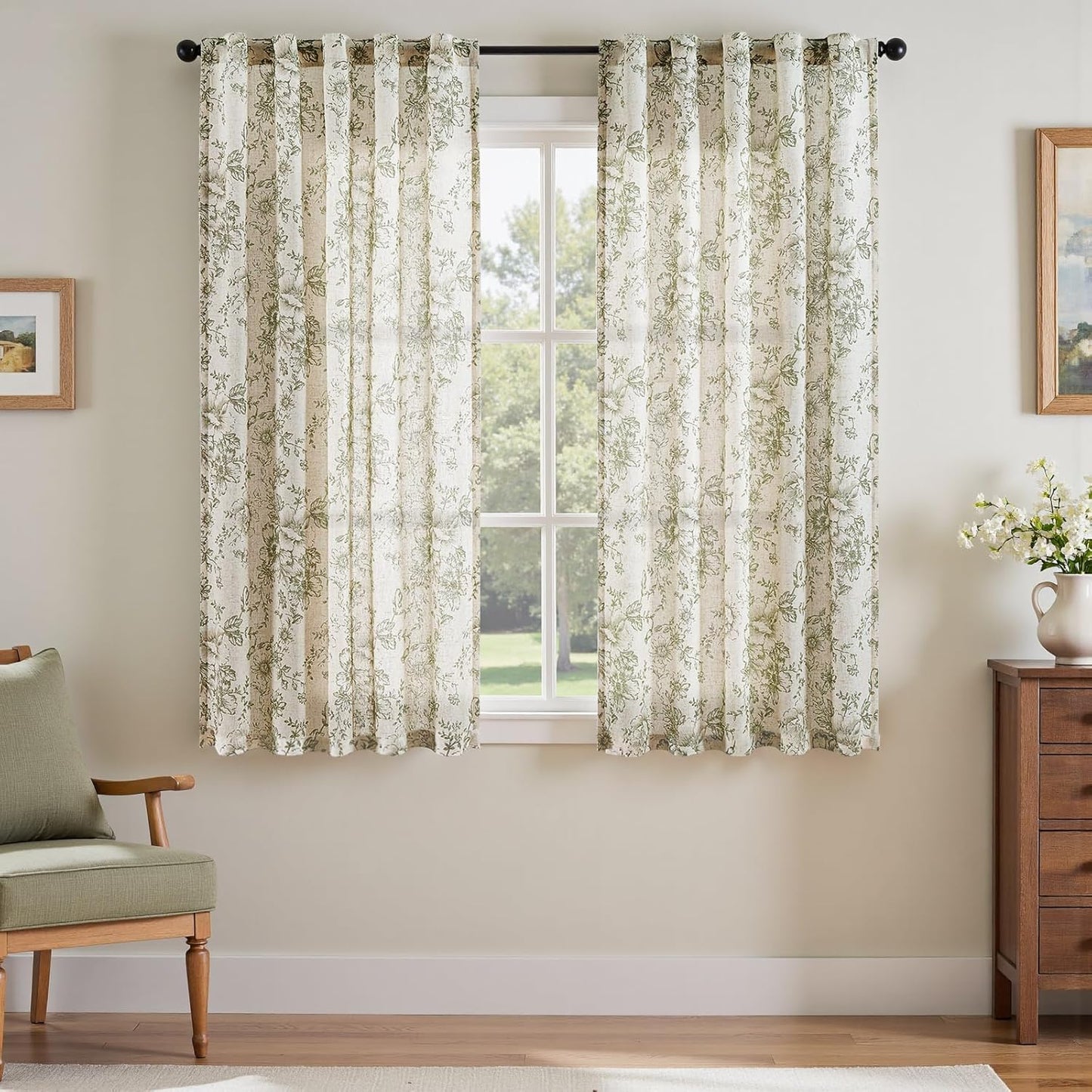 jinchan Blackout Linen Blend Curtain Floral Blackout Curtains for Living Room 84 Inch Length Black Printed with Lined Blackout Curtain for Bedroom Farmhouse Curtains Set 2 Panels