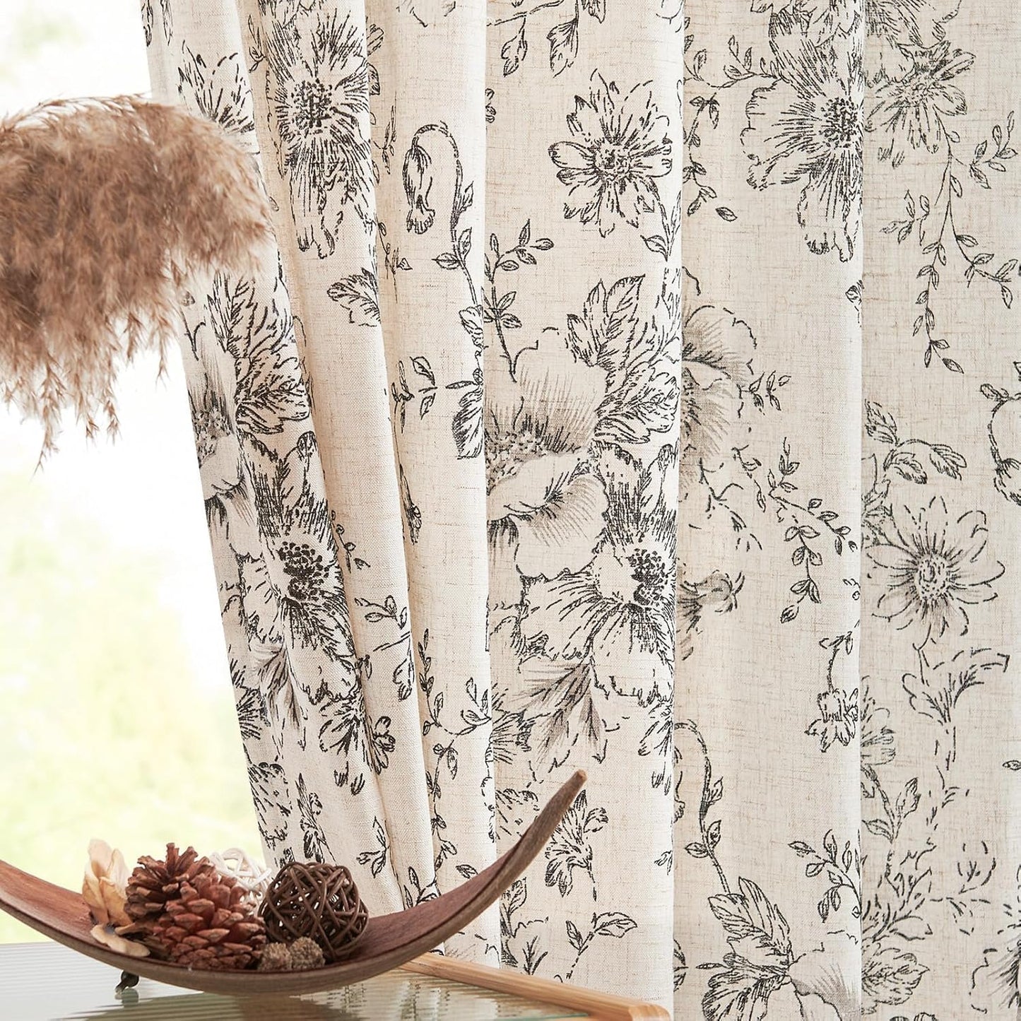 jinchan Blackout Linen Blend Curtain Floral Blackout Curtains for Living Room 84 Inch Length Black Printed with Lined Blackout Curtain for Bedroom Farmhouse Curtains Set 2 Panels