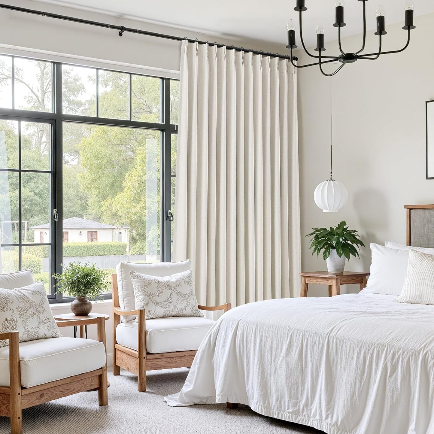100% Blackout Pinch Pleated Curtains Linen 90 Inches Long for Bedroom 2 Panels Set Full Black Out Thermal Insulated Curtain Natural Boho Farmhouse Pinch Pleat Double Layer Room Darkening Drapes Cream