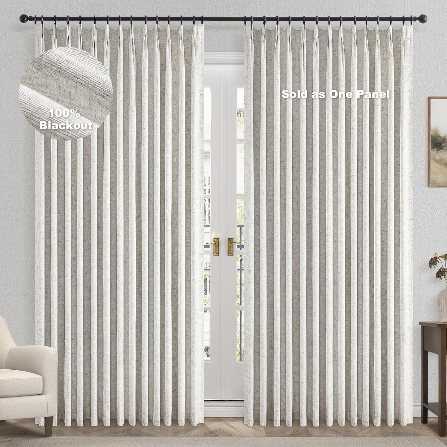 Topfinel Extral Wide Curtains, Pinch Pleated 100% Blackout Linen Luxury Drapery with Hooks for Patio Sliding Door Large Window Living Room Track System, 72" Wx102 L 1 Panel