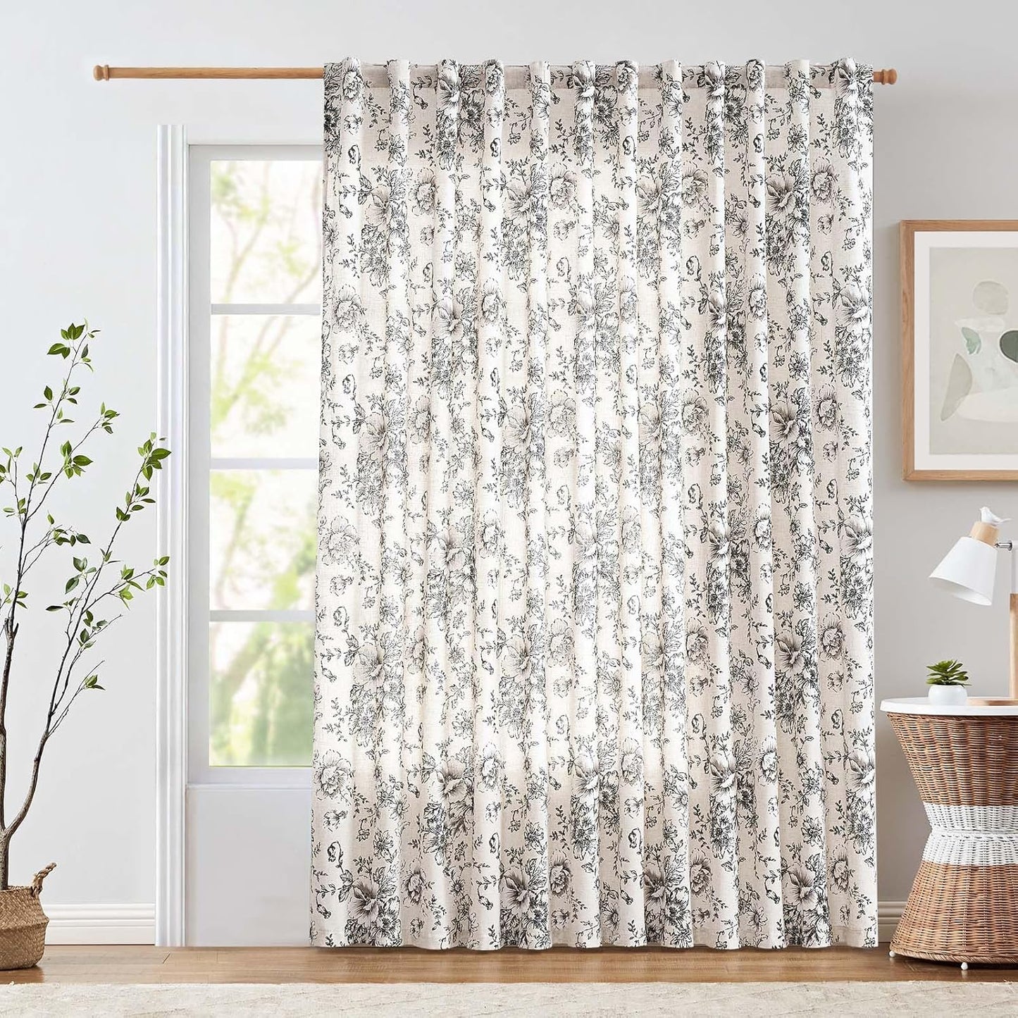 jinchan Blackout Linen Blend Curtain Floral Blackout Curtains for Living Room 84 Inch Length Black Printed with Lined Blackout Curtain for Bedroom Farmhouse Curtains Set 2 Panels