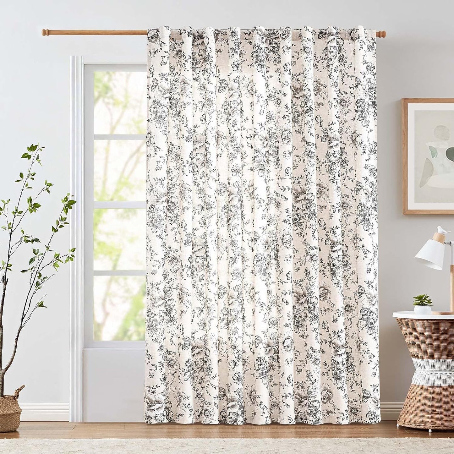 jinchan Blackout Linen Blend Curtain Floral Blackout Curtains for Living Room 84 Inch Length Black Printed with Lined Blackout Curtain for Bedroom Farmhouse Curtains Set 2 Panels