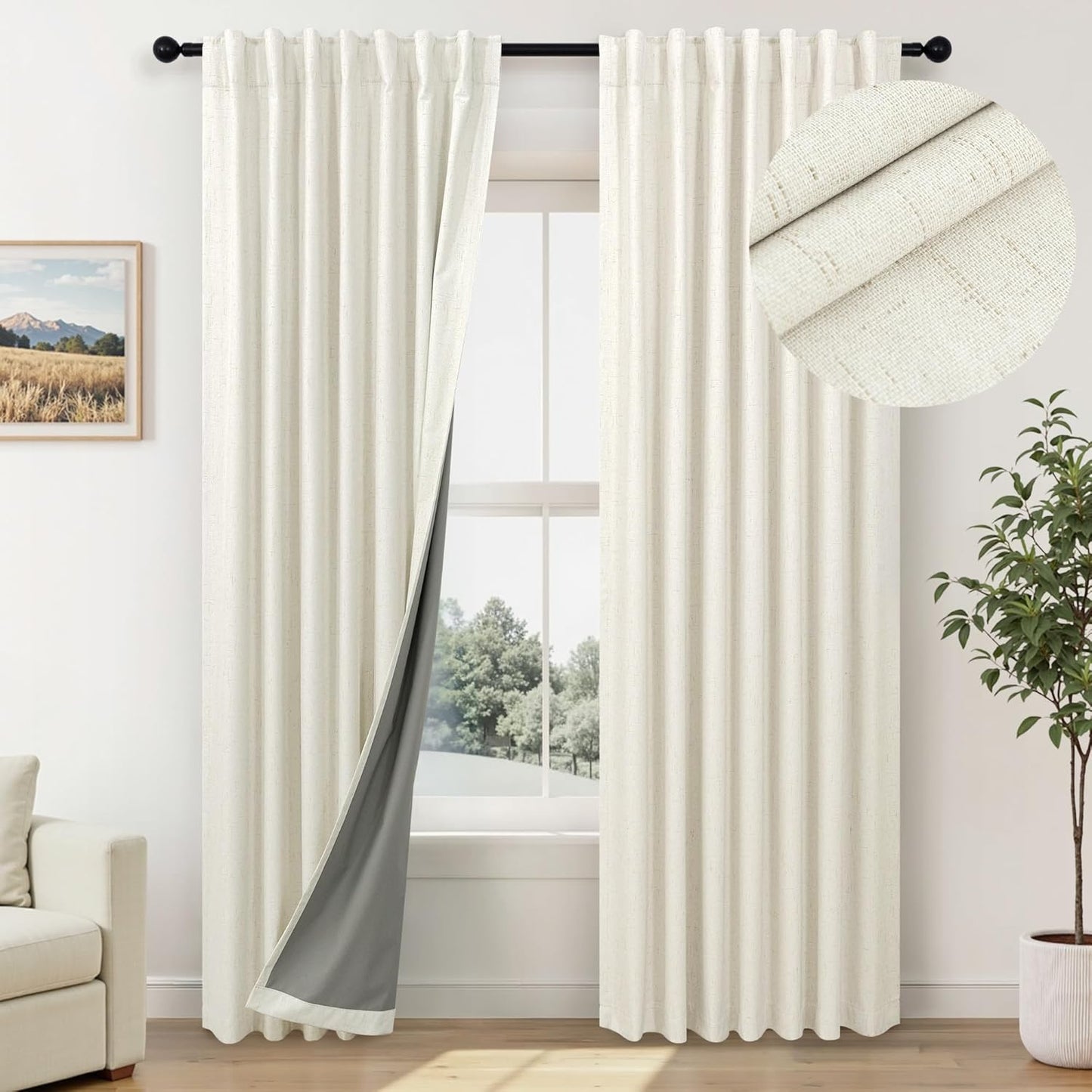 Cream Linen Black Out Curtains 70 Inches Extra Wide for Living Room 2 Panels Back Tab Pocket Pleated Ivory Blackout Bedroom for 72 Inches Window Curtain 84 Inch Long Thermal Room Darkening Heavy Drape