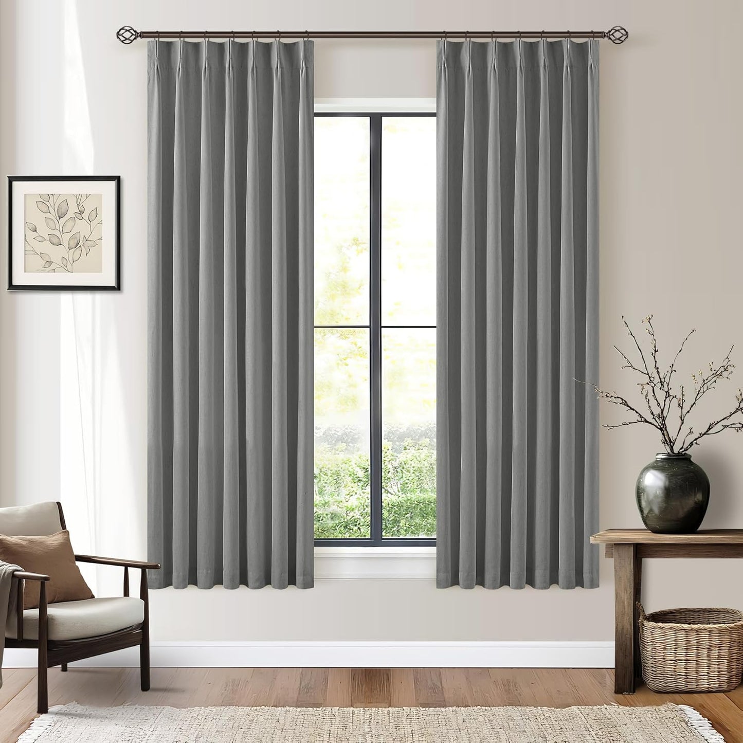 102 Inches Long Pinch Pleated Linen Blackout Curtains for Bedroom Back Tab Track Memory Trained Shape Farmhouse Light Blocking Curtains 102 Inch Length for Living Dining Room Darkening Drapes Cream